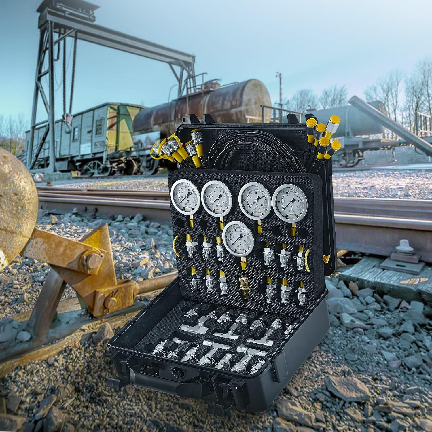 VEVOR Hydraulic Pressure Test Kit, 10/100/250/400/600bar, 5 Gauges 13 Test Couplings 14 Tee Connectors 5 Test Hoses, Hydraulic Gauge Kit with Sturdy Carrying Case, for Excavator Construction Machinery - Image 8