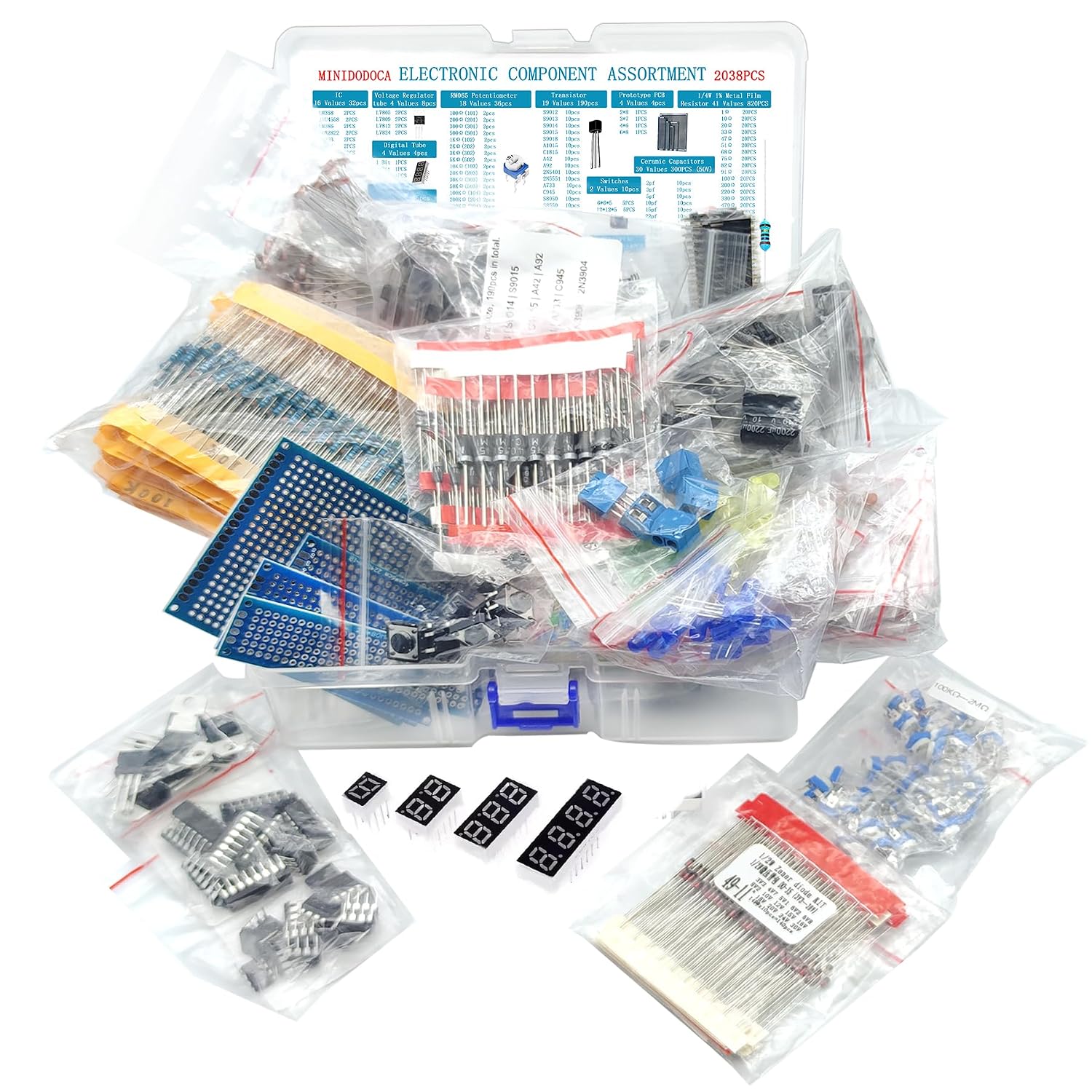 Electronic Component Kit & Total 2038 Pcs, LED Diodes, Metal Film Resistors, Electrolytic Capacitor Package,Diodes, Ceramic Capacitors,IC,PCB,Digital Tube, Common Transistor Assortment Box - Image 4