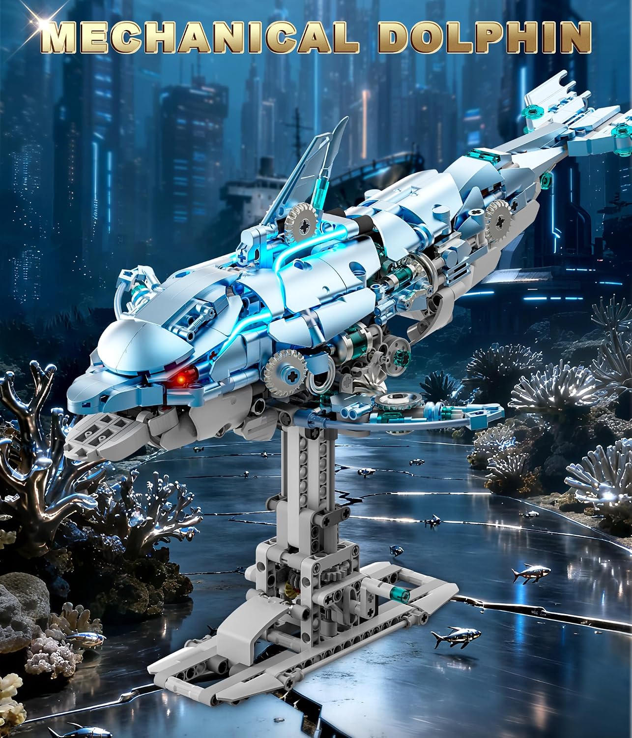 Moving Mechanical Dolphin Building Set - Hand Crank Model Kit with Swimming Tail, Movable Jaw & Glowing Lights | STEM Educational Toy & Unique Desk Decor - Image 2