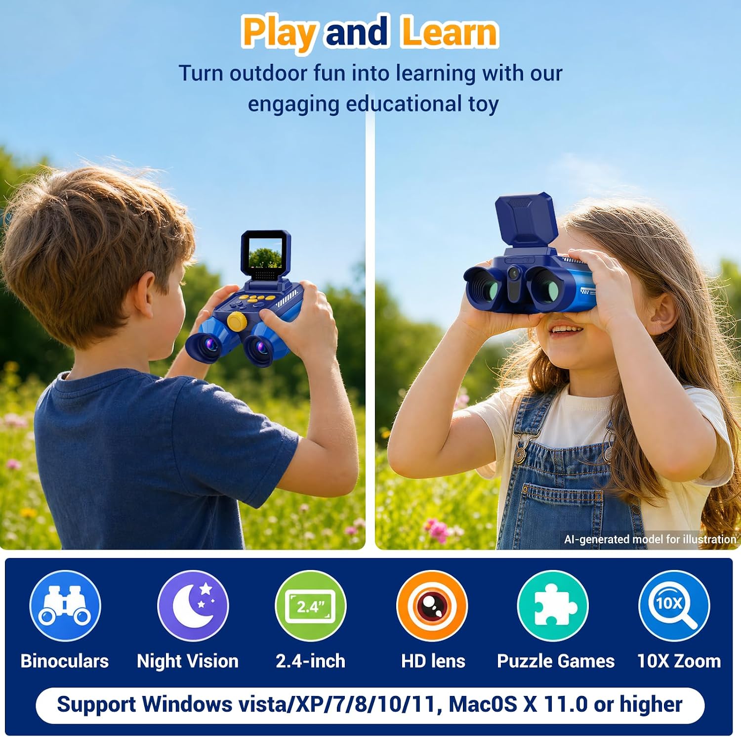 Binoculars for Kids with HD Screen & Night Vision & Games, STEM Science Educational Toy Science Kits STEM Toys for Outdoor, Travel Nature Exploration, Gift for 3+ Years Old Boys & Girls (Navy Blue) - Image 2