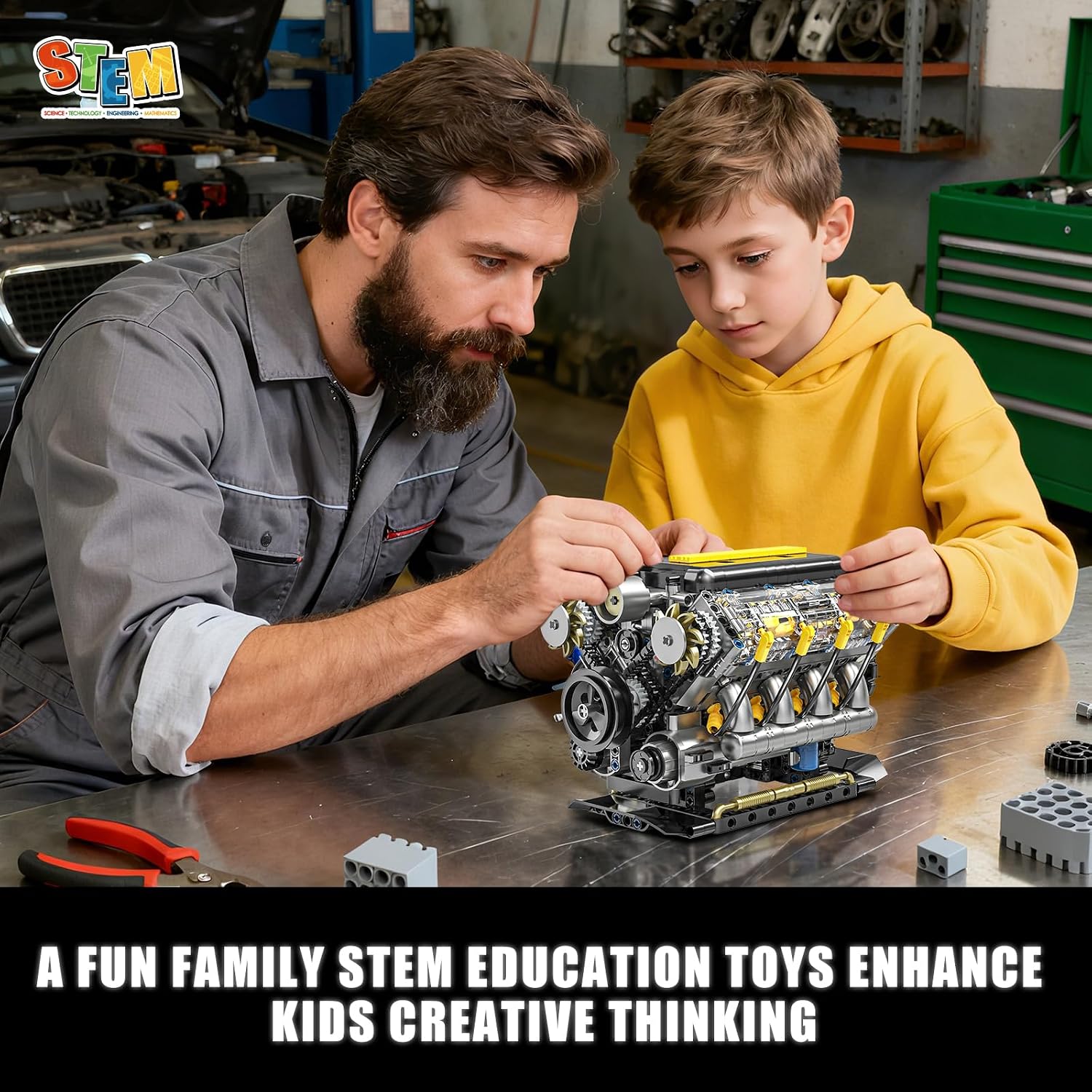 V8 Engine Model Kit that Runs, Visible Mini Car Motor Building Blocks Set for Adults, Compatible with Lego, STEM Physical Science Educational Toy for Teens Boys 14+ (905 PCS) - Image 6