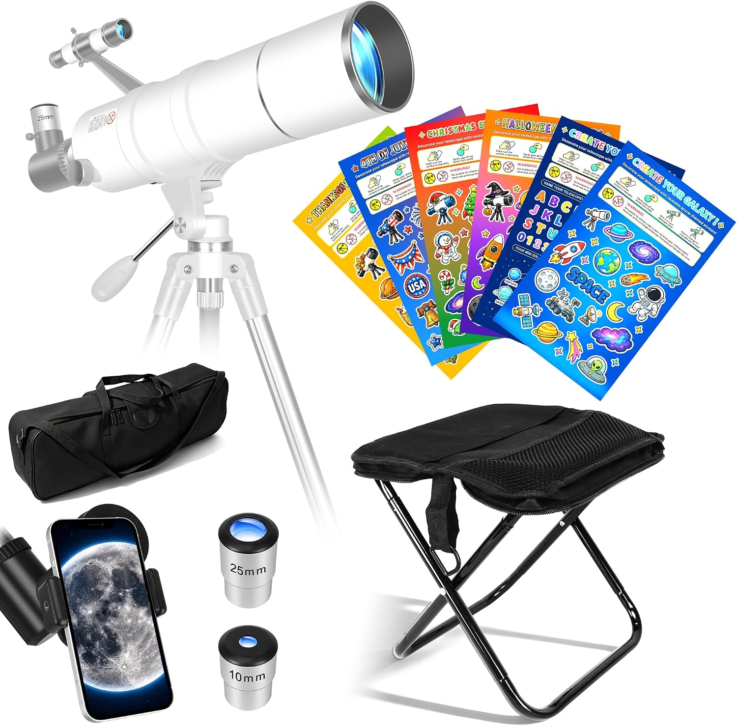 Telescope for Adults & Kids High Powered, 90mm Aperture 600mm Portable Refractor Telescope for Astronomy Beginners with Tripod, Phone Adapter, Carry Bag, Folding Stool & Holiday Stickers