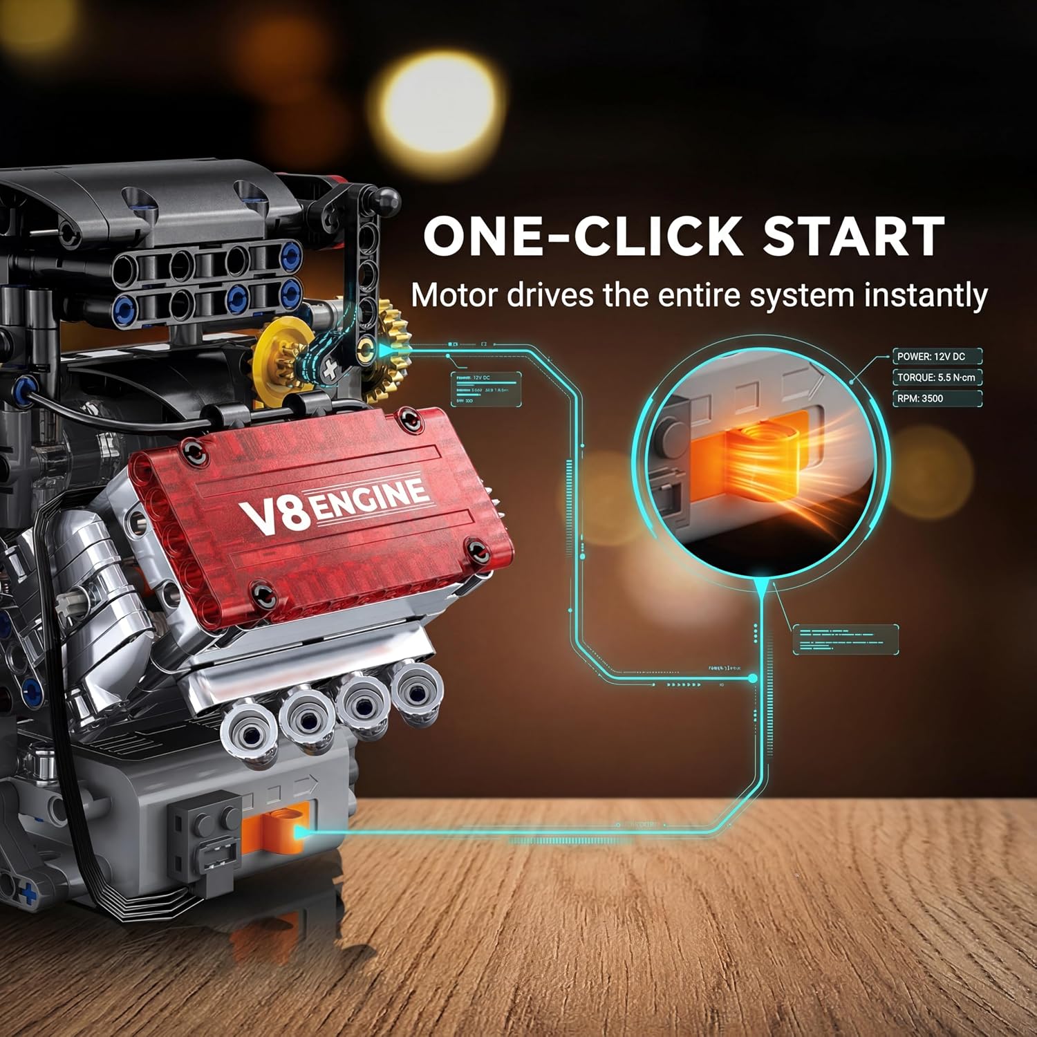 Motorized V8 Engine Model Kit that Runs, 478-Piece 8-Cylinder Car Engine Building Kit, Build Your Own STEM Mechanical Model with Moving Pistons, Gears and Electric Motor for Adults and Teens - Image 6