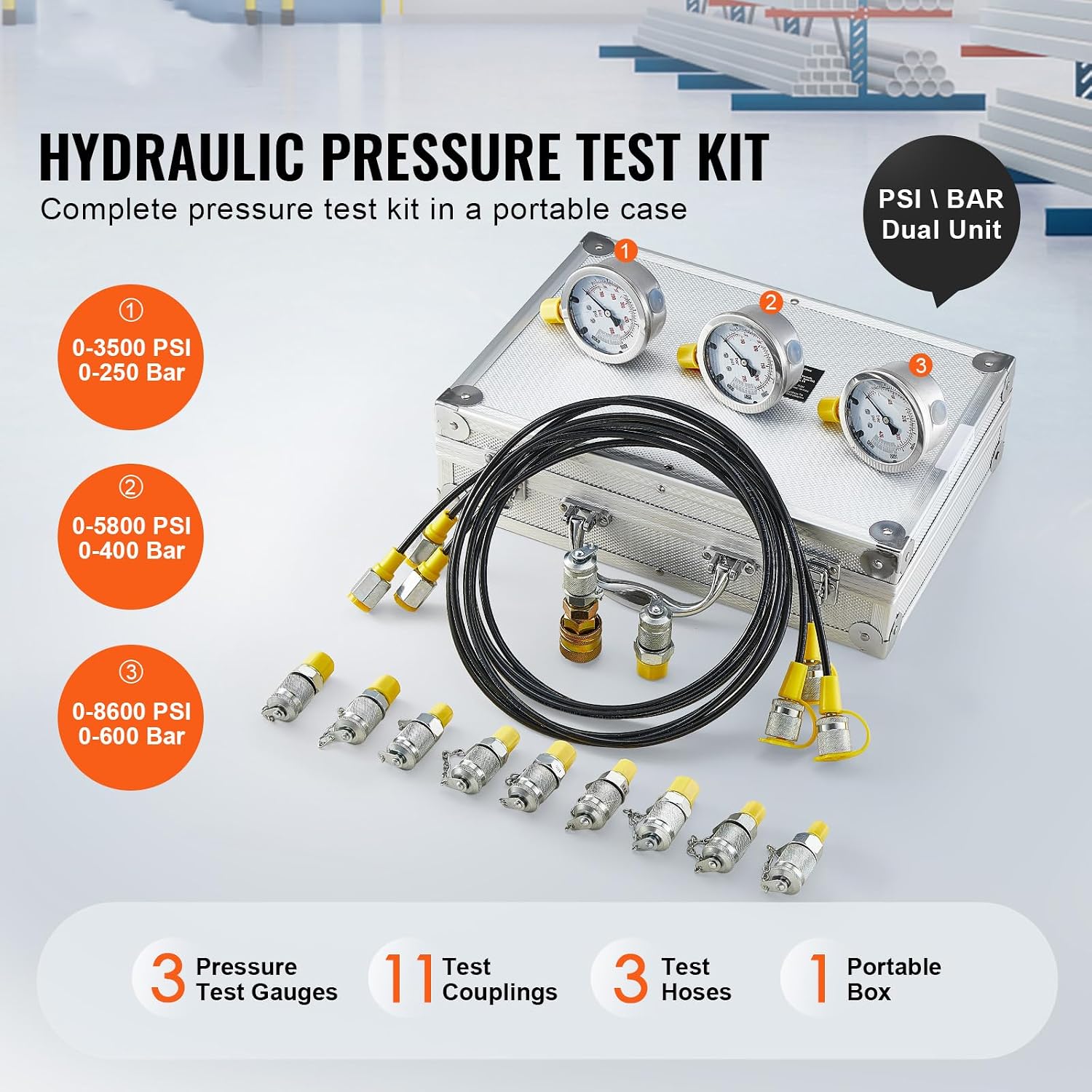 Hydraulic Pressure Test Kit, 250/400/600bar, 3 Gauges 11 Test Couplings 3 Test Hoses, Excavator Hydraulic Test Gauge Set with Portable Carrying Case for Excavator Tractors Construction Machinery - Image 2