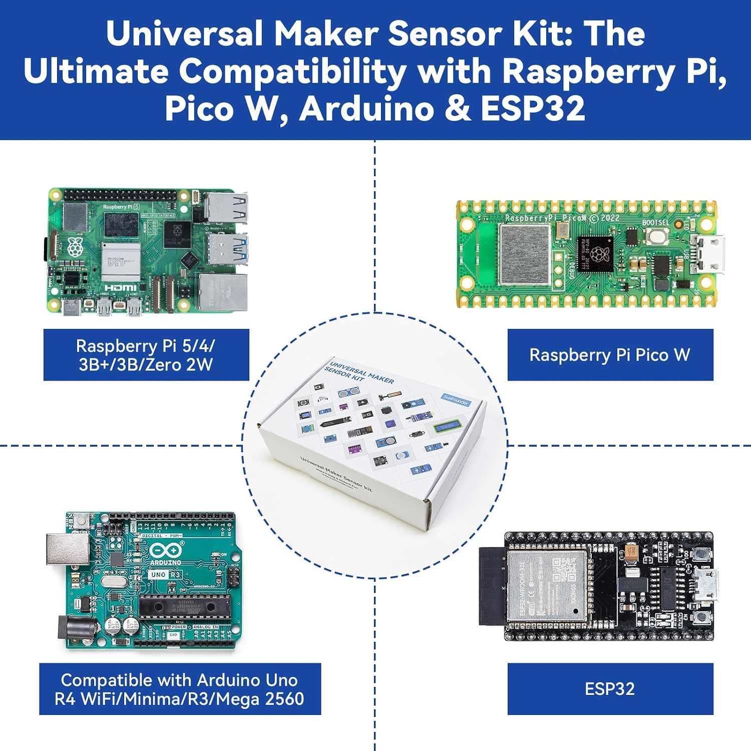 SunFounder Universal Maker Sensor Kit Compatible with Arduino Mega 2560/Uno R3/R4 Minima/WiFi Nano, Raspberry Pi 5/4B/3B+/Zero 2 W/, Pico W, ESP32, C++, Python, MicroPython, Beginners & Engineers - Image 2