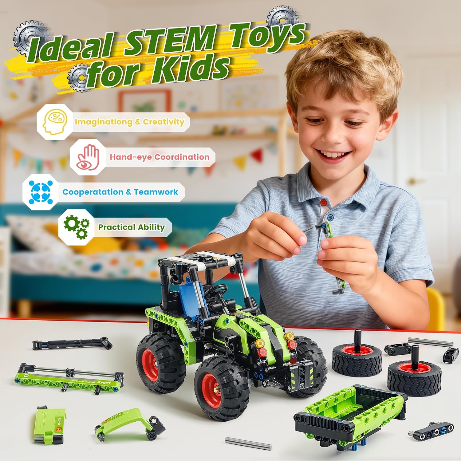 Jumlys STEM Building Toy for Kids Boys Girls Age 5, 6, 7, 8, 9, 10, 11, 12 Years Old, 2 in 1 Tractor Bulldozer Building Sets, 346 Pcs DIY Engineering Construction Building Blocks Kits - Image 6