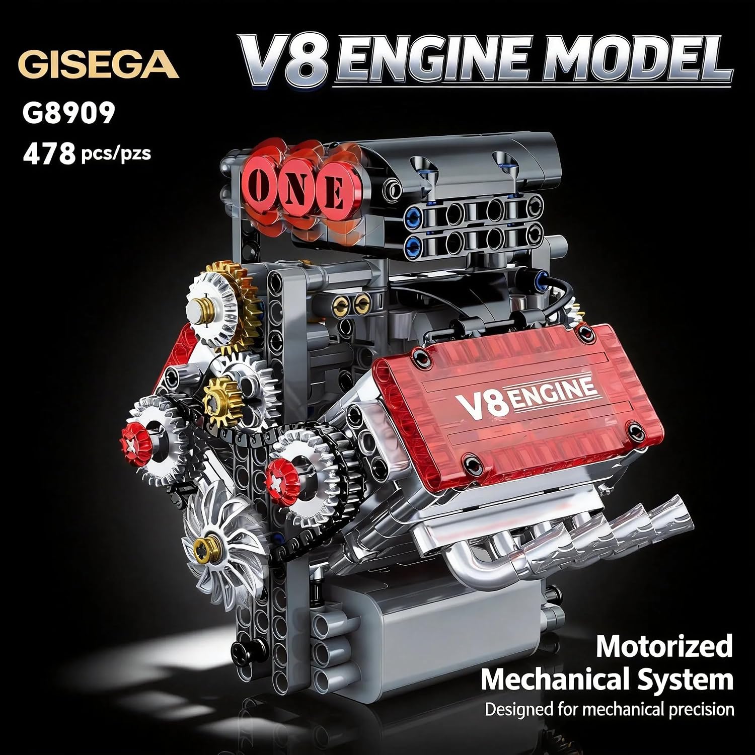 Motorized V8 Engine Model Kit that Runs, 478-Piece 8-Cylinder Car Engine Building Kit, Build Your Own STEM Mechanical Model with Moving Pistons, Gears and Electric Motor for Adults and Teens - Image 2
