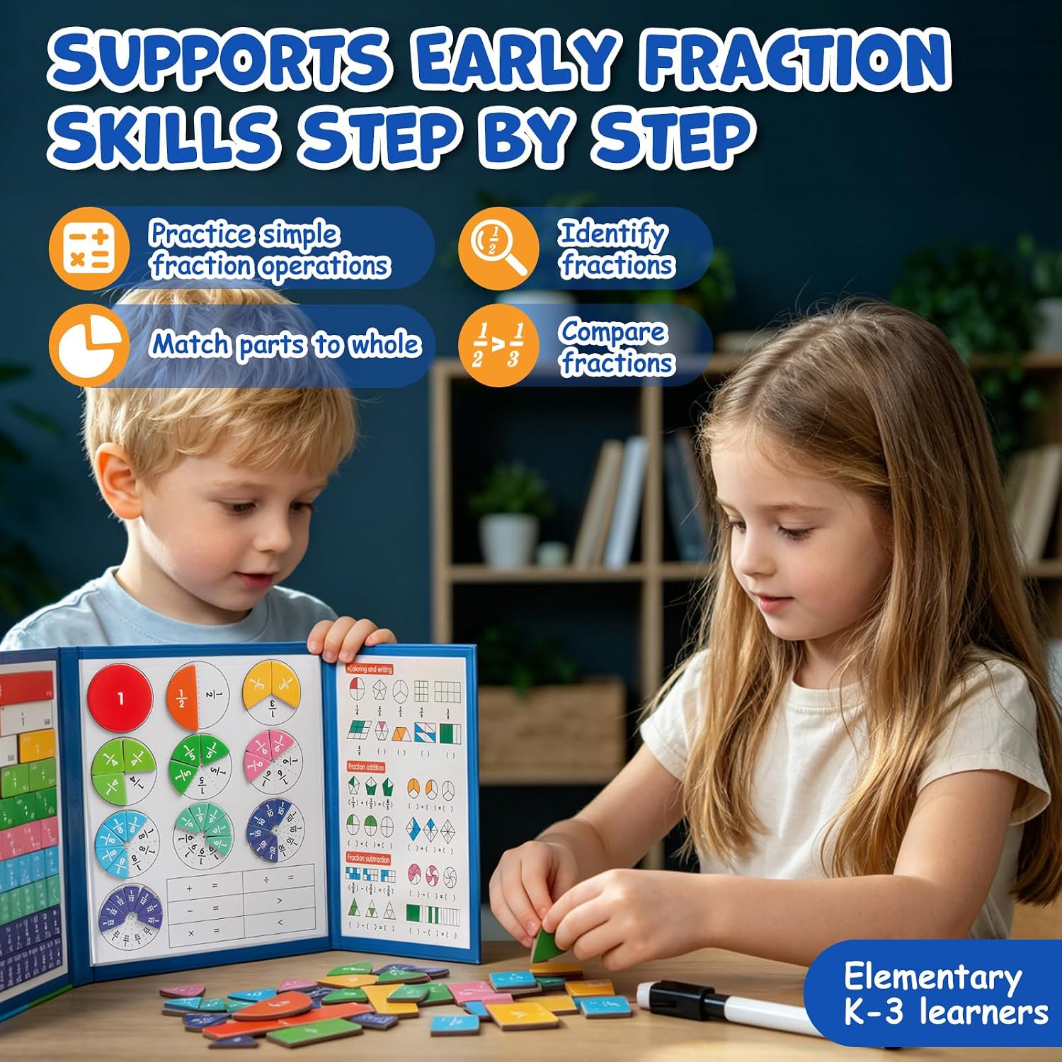 Magnetic Fraction Manipulatives for Kids, Fraction Tiles & Circles Educational Learning Set, Magnetic Fraction with Dry-Erase Practice, Homeschool & Classroom Math Teaching Tool for Elementary Math - Image 3