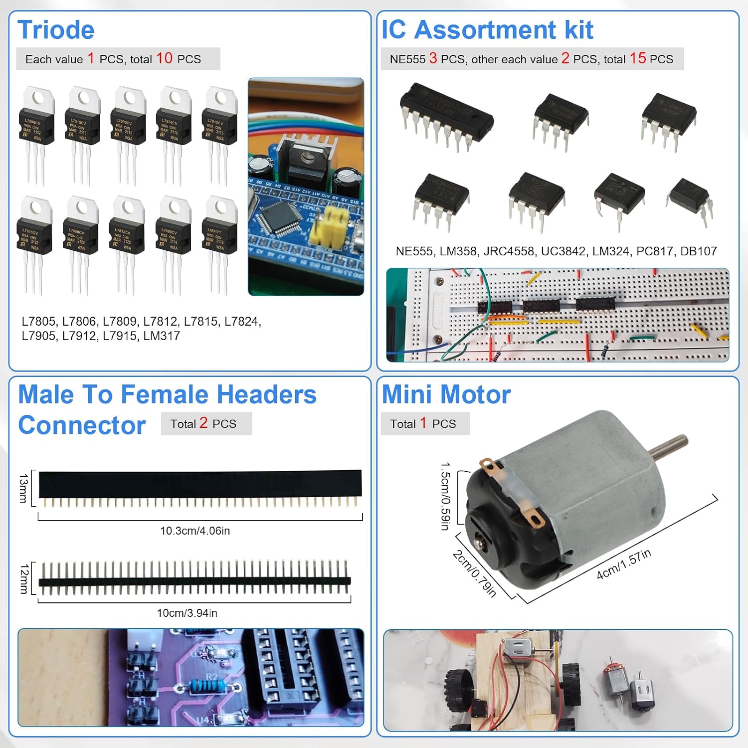 Electronic Component Kit, 1780 Pcs DIY Electronics Kit with Resistors,Capacitor,LED Diodes,Transistors,Dupont Wire,Breadboard,PCB,Potentiometer,Triode,IC,Crystal Oscillator,Buzzer,Switch,Motor,Speaker - Image 7