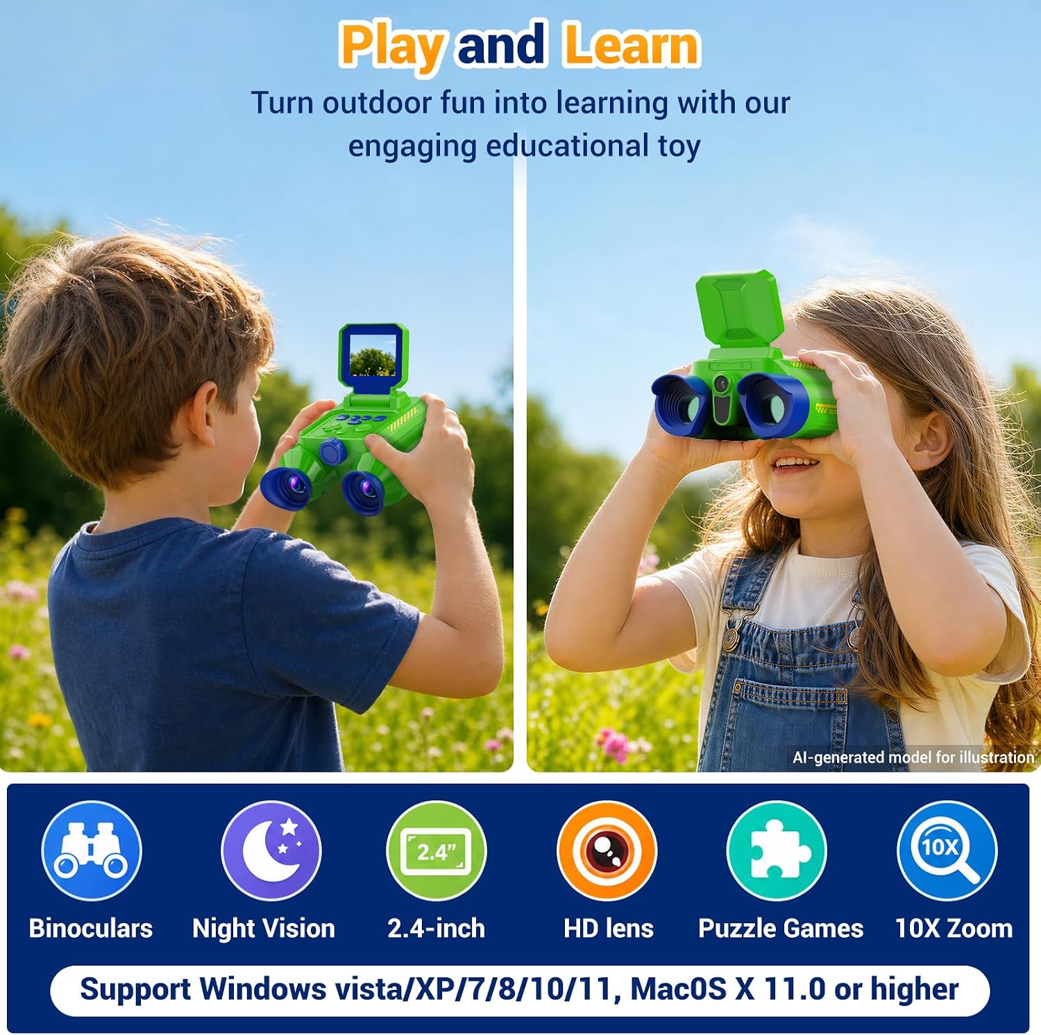 Binoculars for Kids with HD Screen & Night Vision & Games, STEM Science Educational Toy Science Kits STEM Toys for Outdoor, Travel Nature Exploration, Gift for 3+ Years Old Boys & Girls(Green) - Image 2