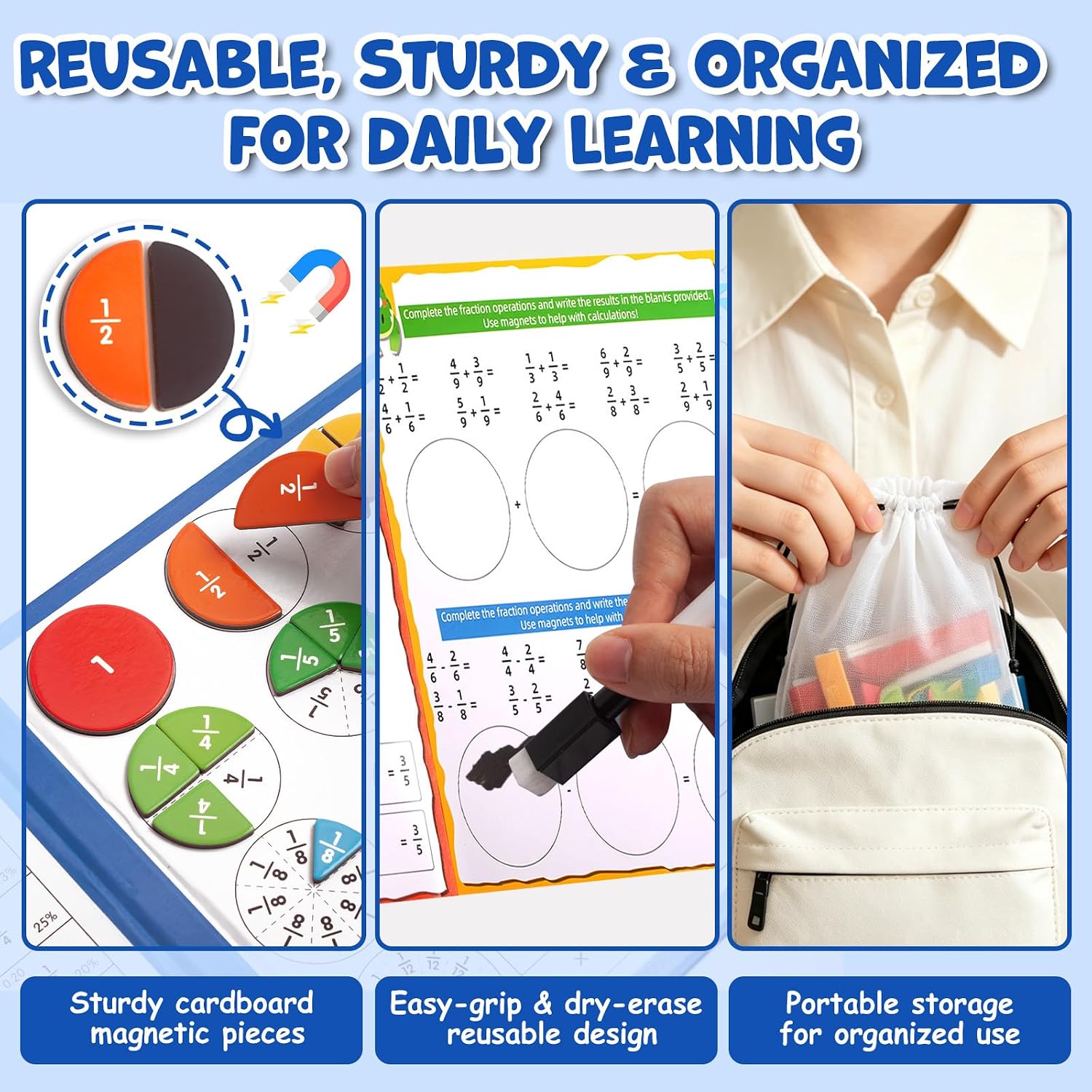 Magnetic Fraction Manipulatives for Kids, Fraction Tiles & Circles Educational Learning Set, Magnetic Fraction with Dry-Erase Practice, Homeschool & Classroom Math Teaching Tool for Elementary Math - Image 6