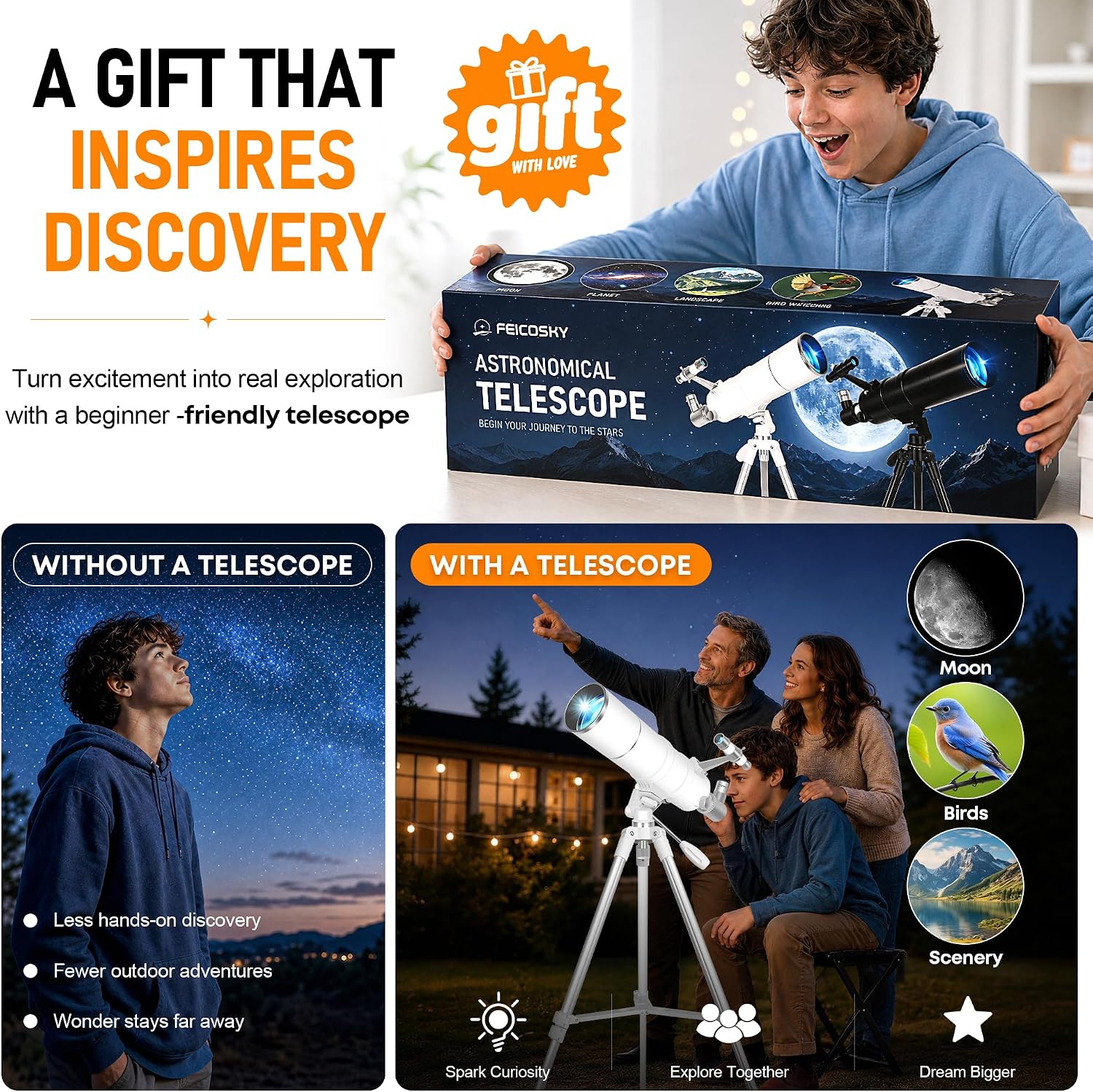Telescope for Adults & Kids High Powered, 90mm Aperture 600mm Portable Refractor Telescope for Astronomy Beginners with Tripod, Phone Adapter, Carry Bag, Folding Stool & Holiday Stickers - Image 7