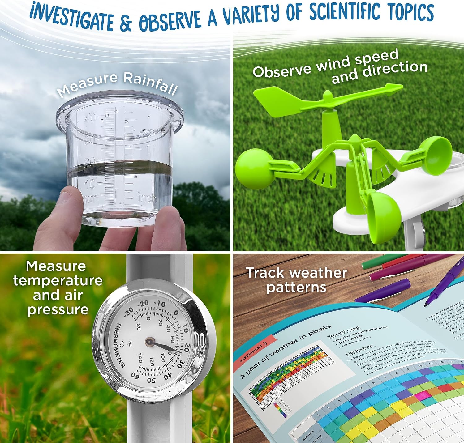 Thames & Kosmos Weather & Climate Lab STEM Experiment Kit, 5-in-1 Meteorology Station w/Wind Vane, Compass, Rain Gauge, Anemometer & Thermometer for Ages 6+, Includes Stake for Outdoor Use - Image 4