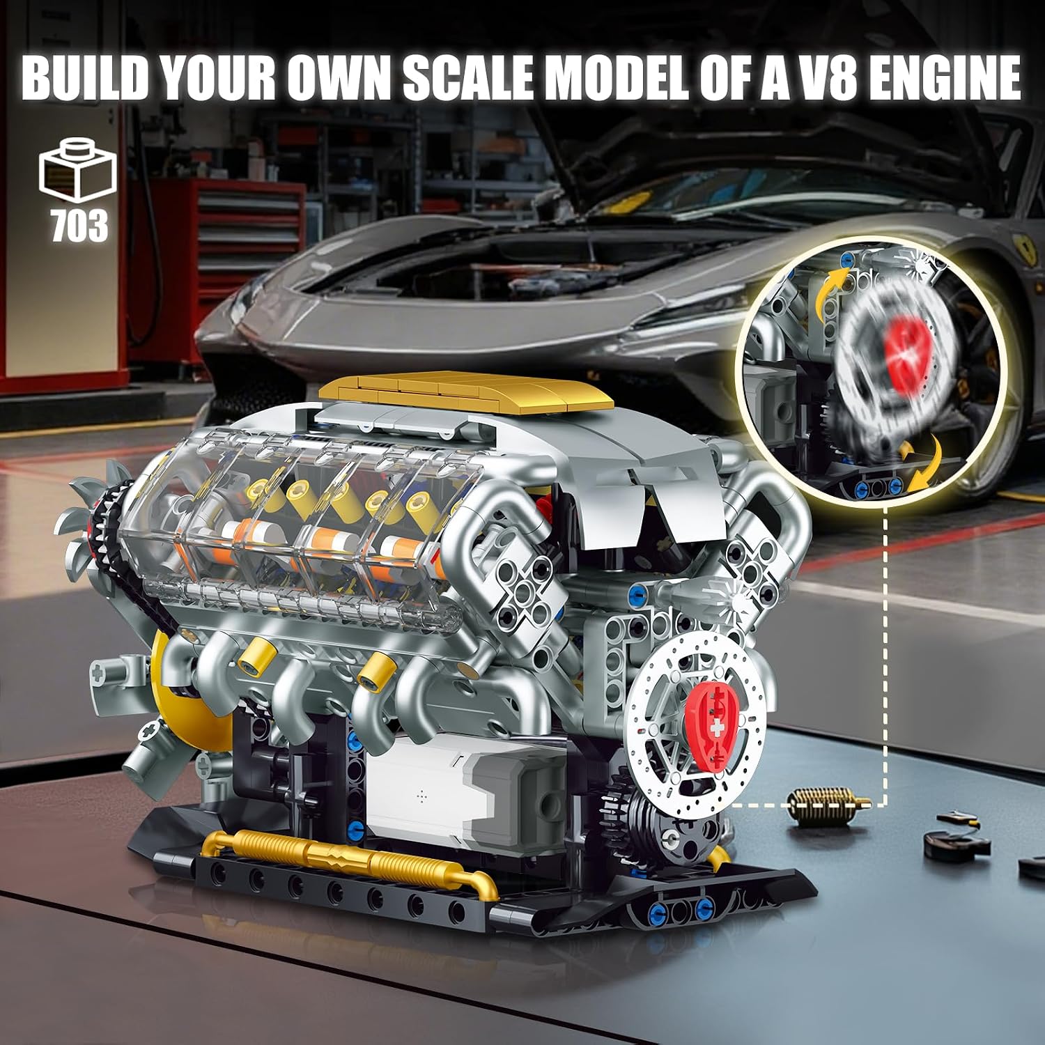 V8 Engine Model Kit that Runs, Build Your Own Mini Visible Car Motor, Physical Science Experiment Building Set for Adults & Teens, STEM Toy Gift for Boys 14+ (703 PCS) - Image 5