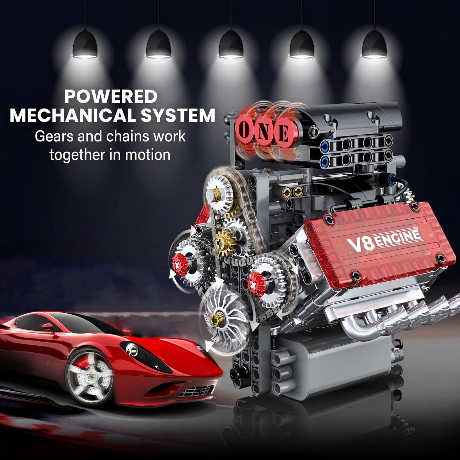 Motorized V8 Engine Model Kit that Runs, 478-Piece 8-Cylinder Car Engine Building Kit, Build Your Own STEM Mechanical Model with Moving Pistons, Gears and Electric Motor for Adults and Teens - Image 4