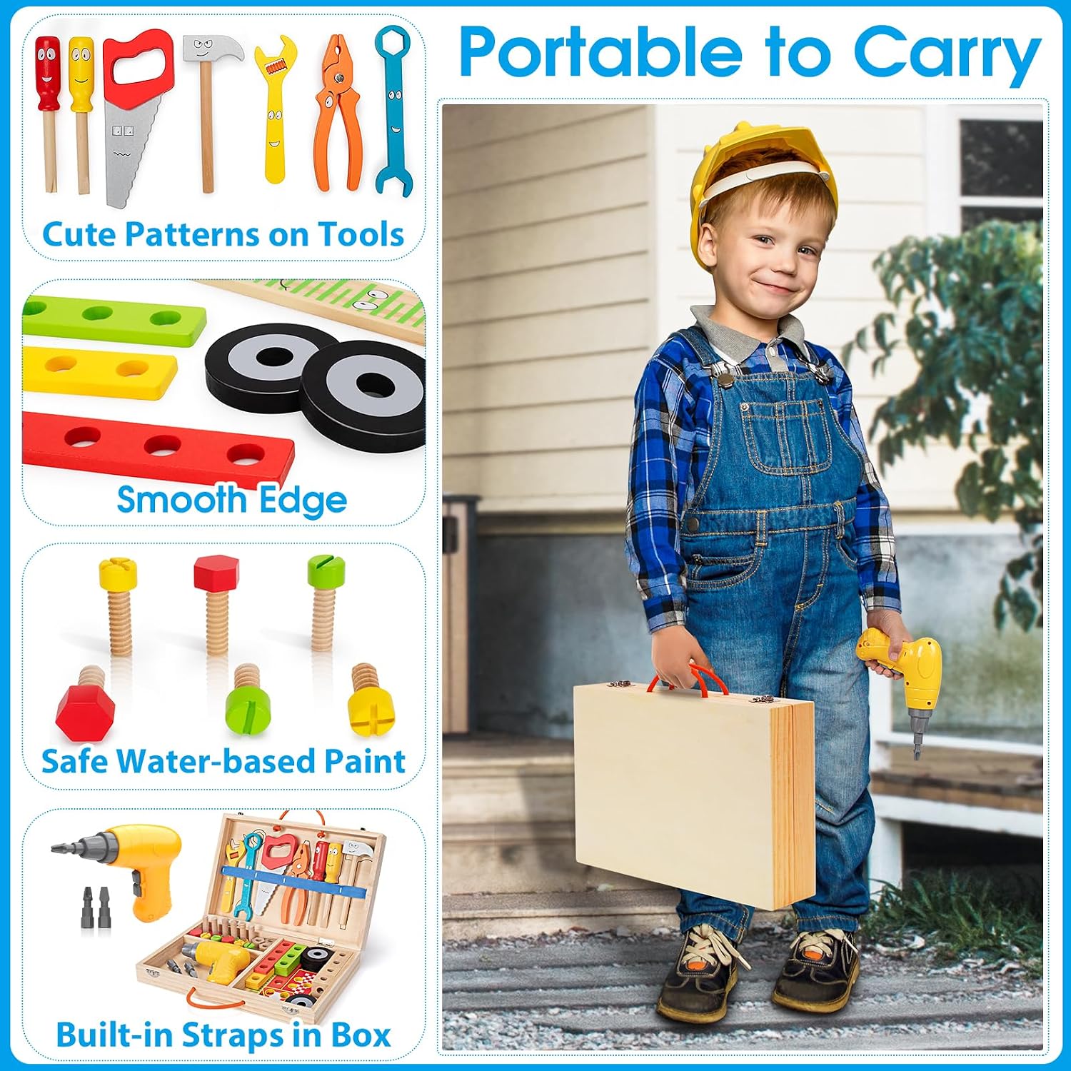 44 Pcs Toddler Tool Set, Wooden Tools for Kids Ages 3-5 with Drill and Box - Image 6