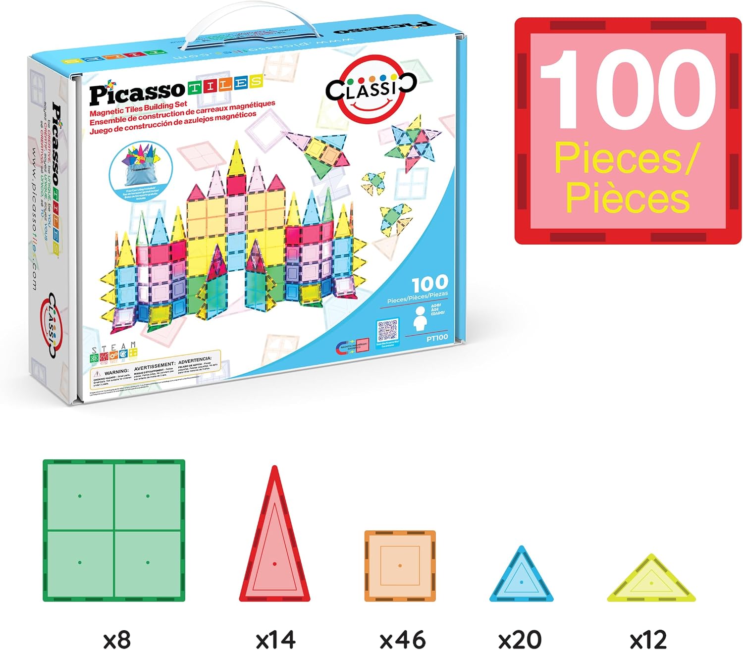 PicassoTiles 100 Piece Magnetic Tiles, Clear 3D Building Blocks for Kids 3+ - Image 3