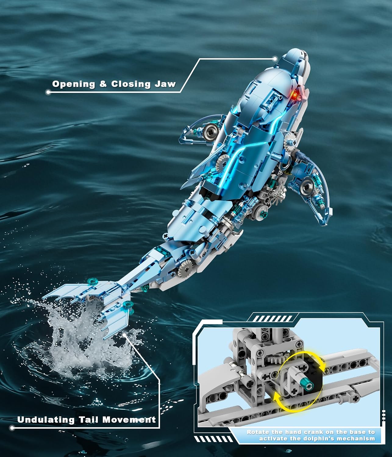 Moving Mechanical Dolphin Building Set - Hand Crank Model Kit with Swimming Tail, Movable Jaw & Glowing Lights | STEM Educational Toy & Unique Desk Decor - Image 3
