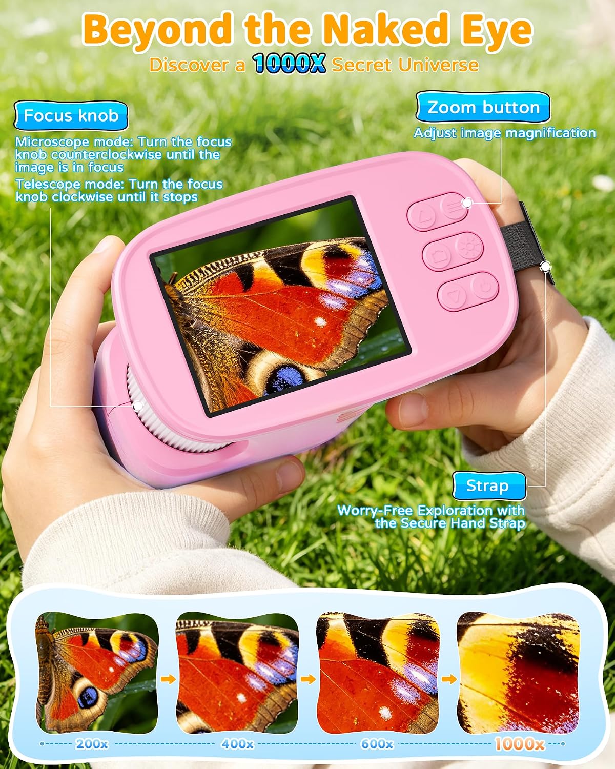 1000X Kids Handheld Microscope, 4K Digital Mini Pocket Digital Microscope with 2.4" IPS Screen, Built-in Camera & 12 Prepared Slides, STEM Educational Toy, Birthday Gift for Boys & Girls Ages 3–12 - Image 5