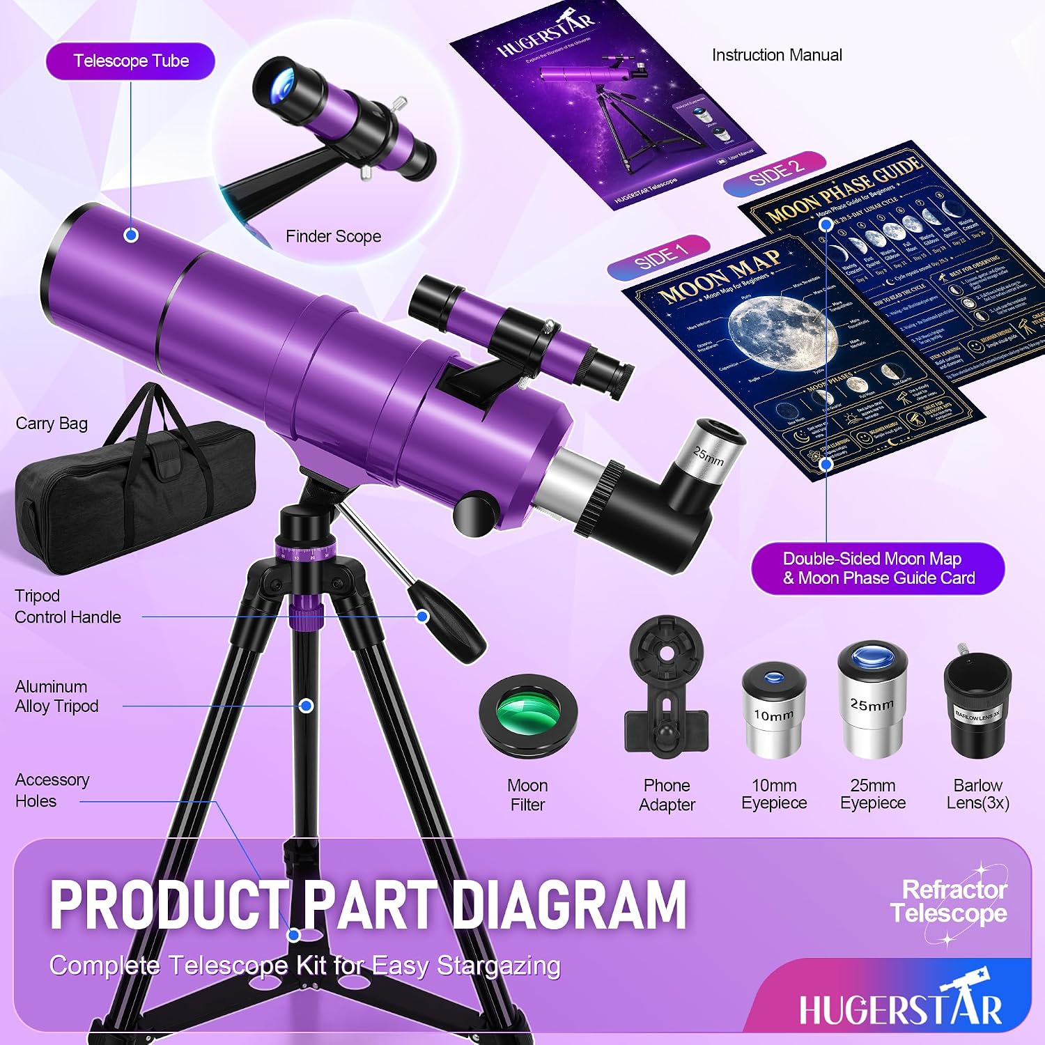 Telescope for Adults & Kids, 90mm Aperture 600mm Refractor Telescope for Astronomy Beginners, Portable Travel Telescopes with Tripod, Phone Adapter, Moon Filter, Carry Bag & Moon Phase Guide - Image 8
