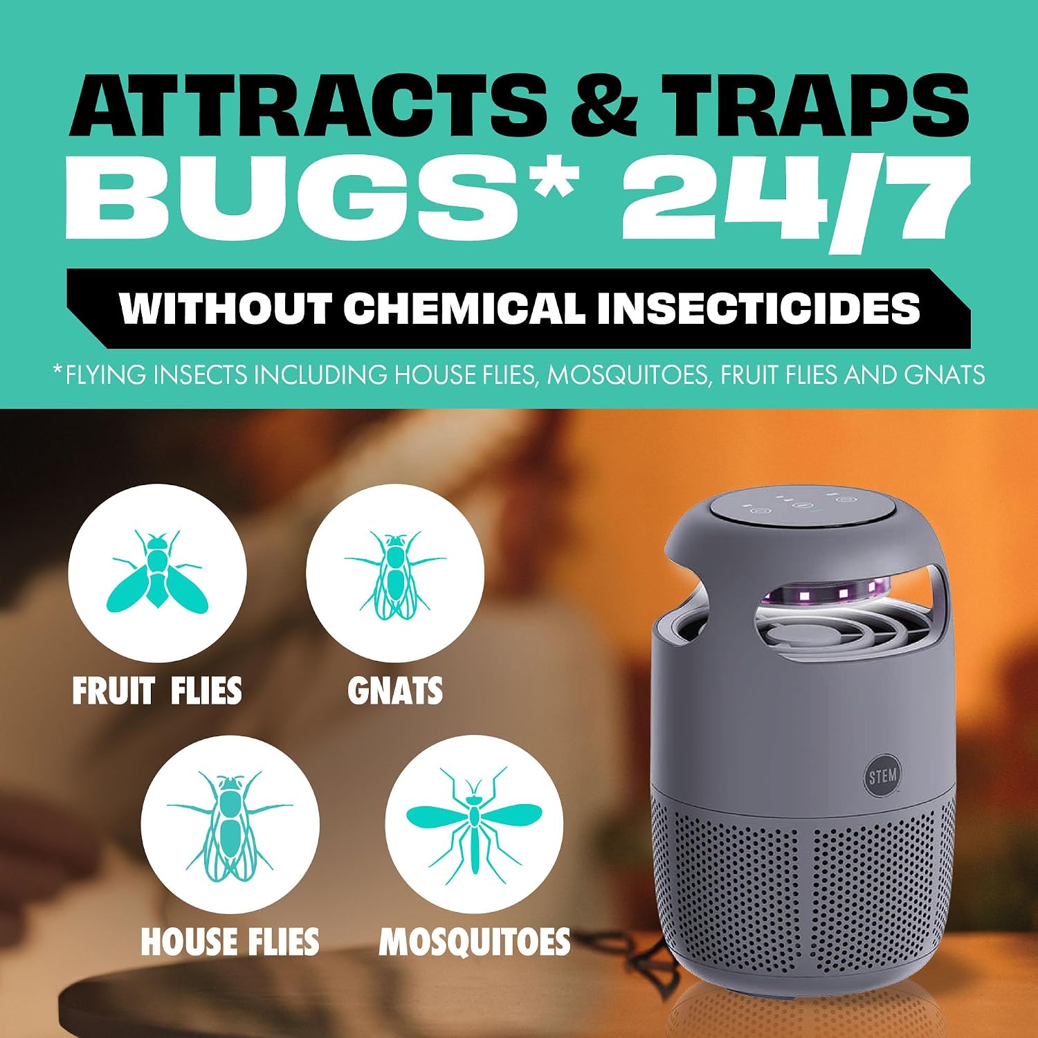 STEM Flying Insect Fan Trap for Indoor Bug Control, Attracts Mosquitoes, Fruit Flies, and House Flies, Plug-in Fan with UV Light, Starter Kit Includes 1 Device and 10 Glue Traps - Image 2