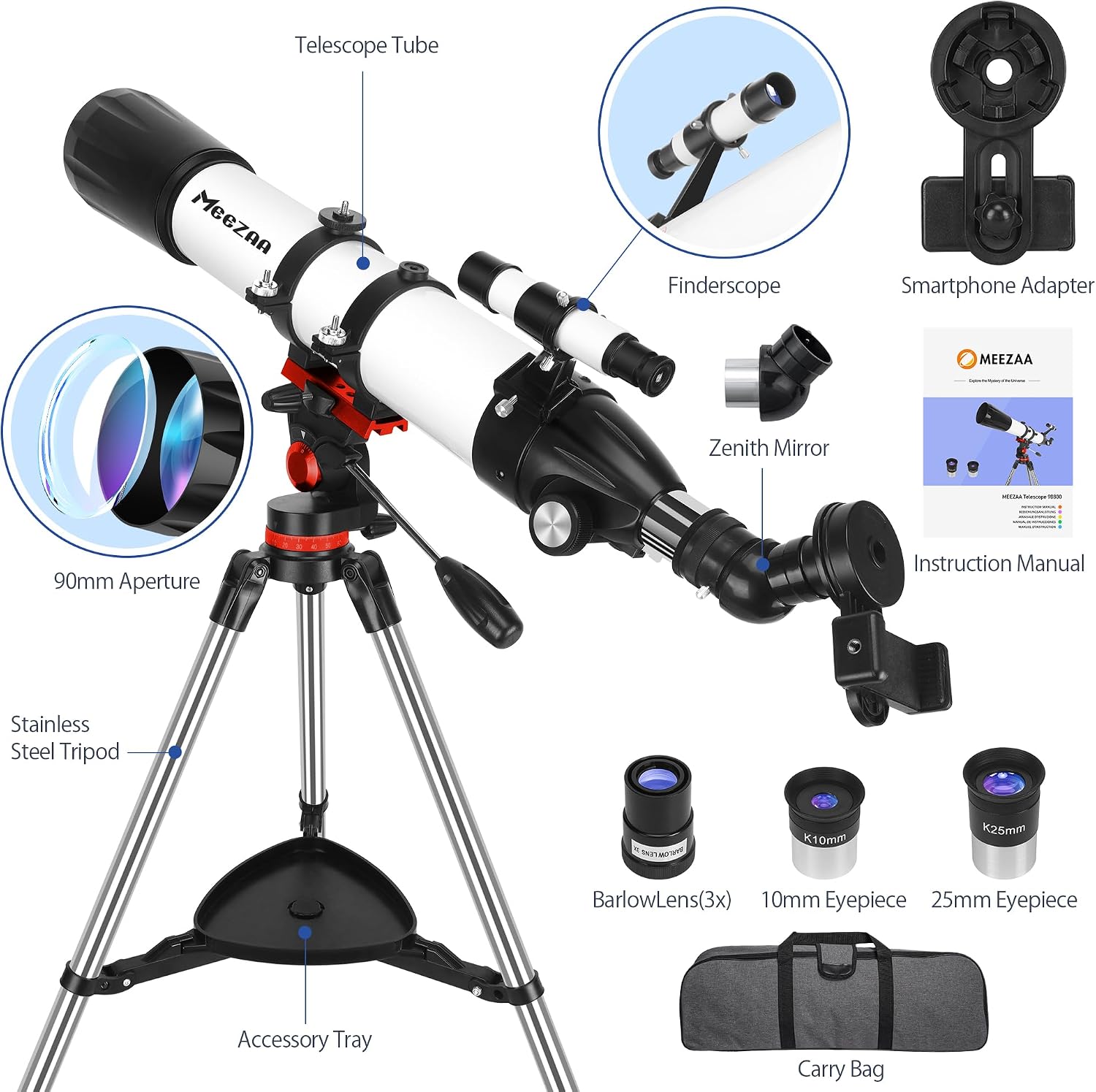MEEZAA Telescope for Adults High Powered, 90mm Aperture 800mm Refractor - Image 6
