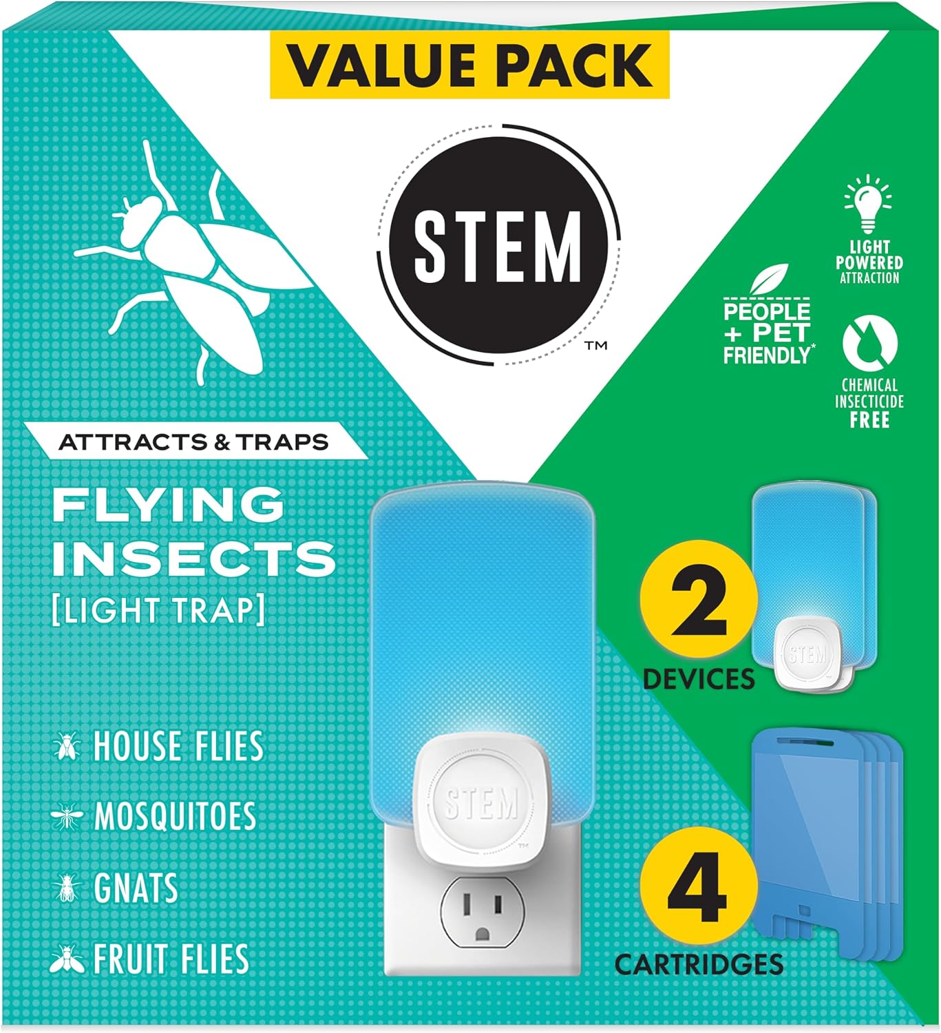 STEM Flying Insect Trap - Indoor Fruit Fly & Gnat Catcher for Home, Kitchen & Any Room, Attracts & Traps Bugs, Soft Blue UV Light - Includes 2 Plug-In Devices & 4 Cartridges
