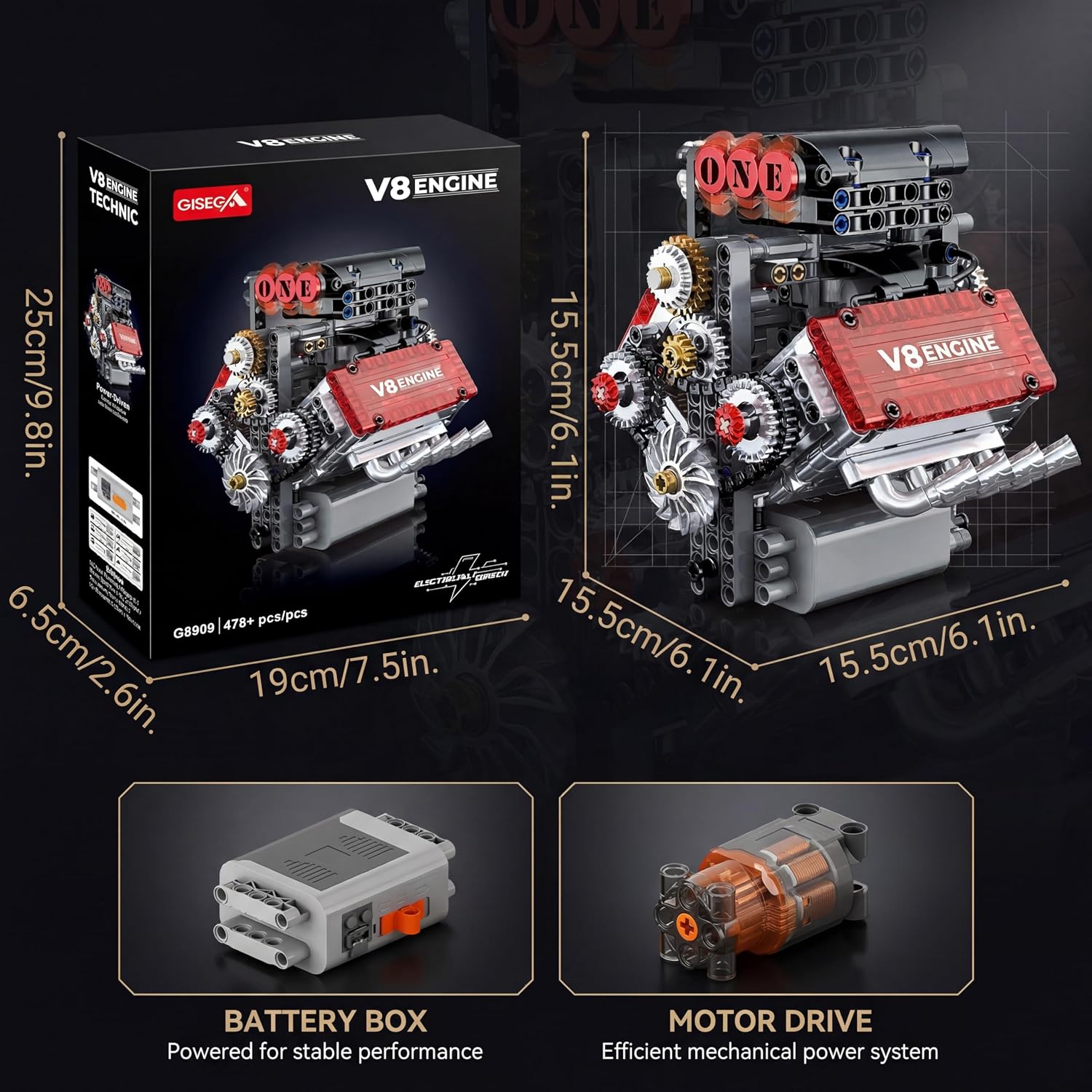 Motorized V8 Engine Model Kit that Runs, 478-Piece 8-Cylinder Car Engine Building Kit, Build Your Own STEM Mechanical Model with Moving Pistons, Gears and Electric Motor for Adults and Teens - Image 7