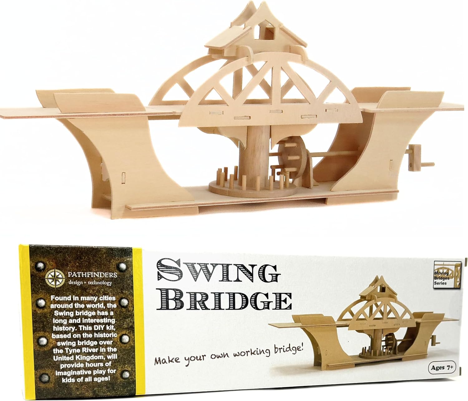 PATHFINDERS Swing Bridge STEM Kit – Wooden Mechanical Bridge Model to Build – DIY Engineering Kit for Kids & Adults – Hand-Powered Gear Mechanism – Educational Science & Engineering Toy