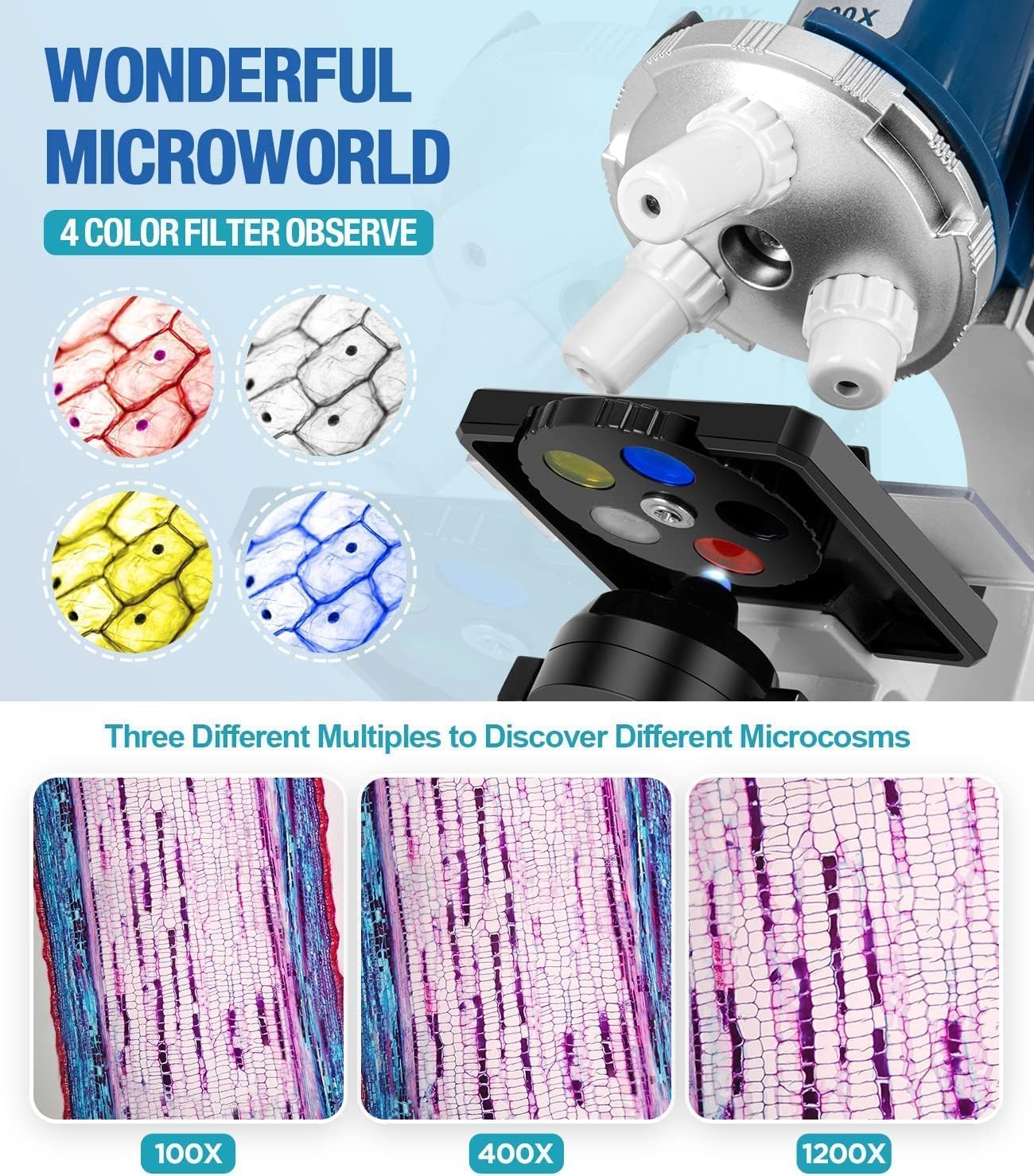58-Piece Kids Microscope Kit - 100X-1200X Magnification, Metal Body, LED Light, Carrying Box - Science Experiment Toy for Kids Ages 5-12 - Image 5