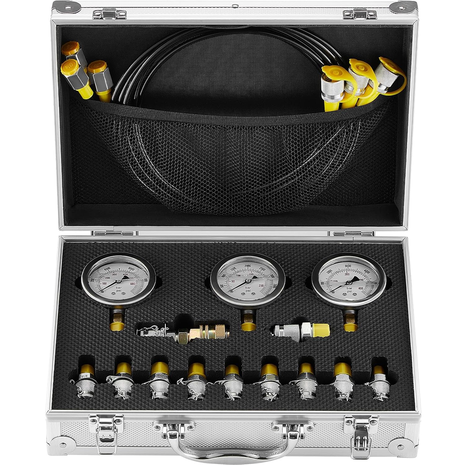Hydraulic Pressure Test Kit, 250/400/600bar, 3 Gauges 11 Test Couplings 3 Test Hoses, Excavator Hydraulic Test Gauge Set with Portable Carrying Case for Excavator Tractors Construction Machinery