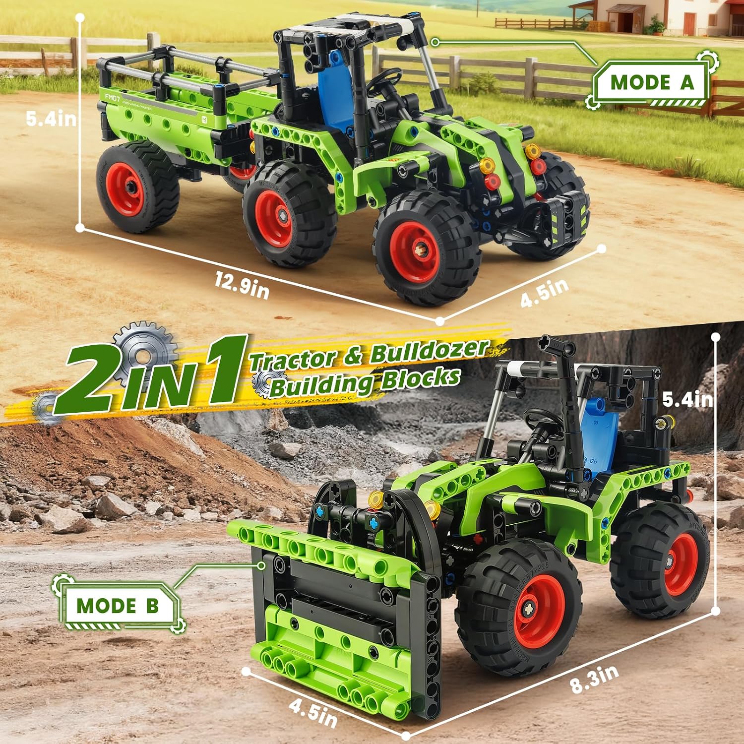 Jumlys STEM Building Toy for Kids Boys Girls Age 5, 6, 7, 8, 9, 10, 11, 12 Years Old, 2 in 1 Tractor Bulldozer Building Sets, 346 Pcs DIY Engineering Construction Building Blocks Kits - Image 2