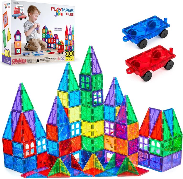 Magnetic Tiles for Kids 100-Piece Set, STEM Educational Building Blocks, Includes 2 Cars & Click-in ABC Learning Tiles, Gift for Boys & Girls, Magnetic Figures & 2 or 4 Car Set Add-Ons Available