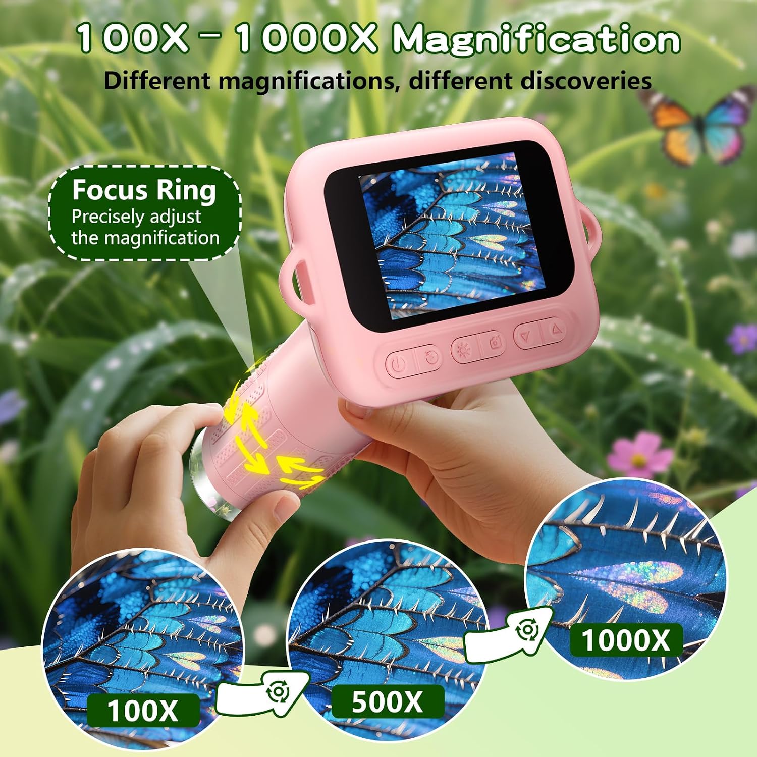 Odatay 1000X Digital Kids Microscope Kit with 12 Slides & 2" Screen, Pink - Image 4