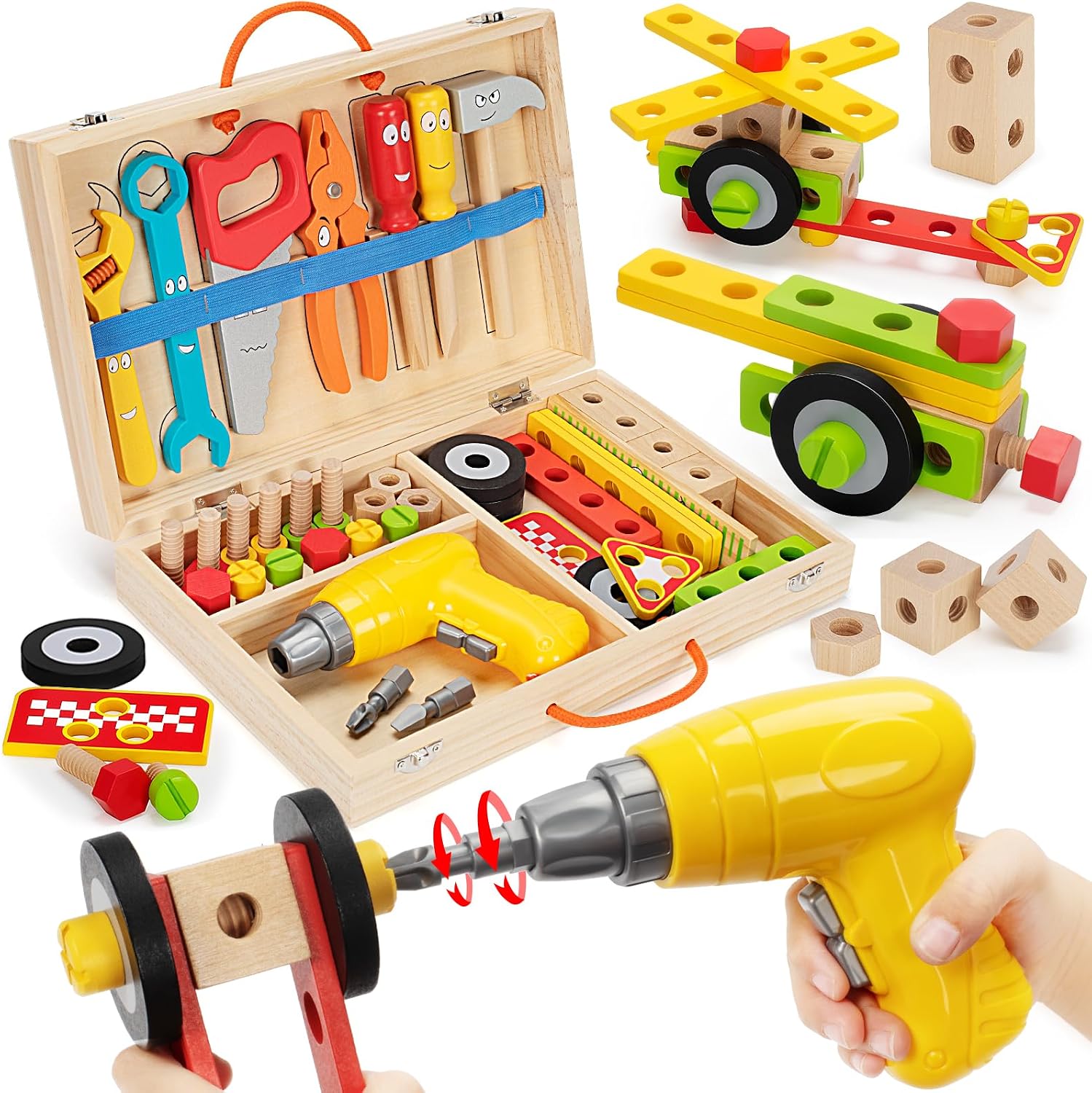 44 Pcs Toddler Tool Set, Wooden Tools for Kids Ages 3-5 with Drill and Box
