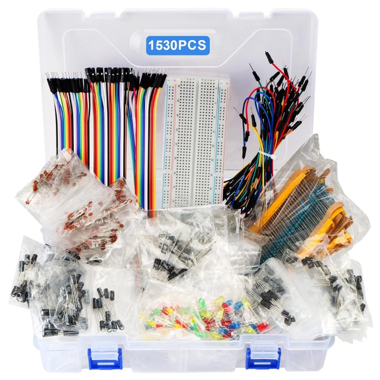 1530Pcs Electronics Component Kit – Electronics Lab Starter Set 830-Tie Breadboard, Metal-Film Resistors, Ceramic & Electrolytic Capacitors, LEDs, Diodes, Transistors, Dupont & Jumper Wires