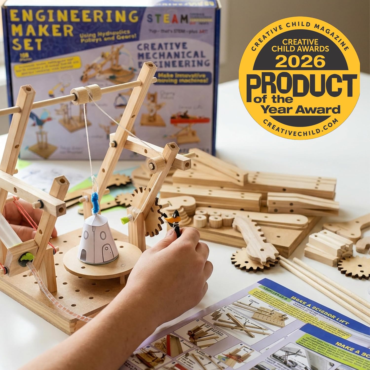 PATHFINDERS Engineering Maker Set — Real Wood STEM Building Kit | Hydraulics, Gears, Levers & Pulleys | 10 Challenges + 15 Challenge Cards | Ages 8+ - Image 3