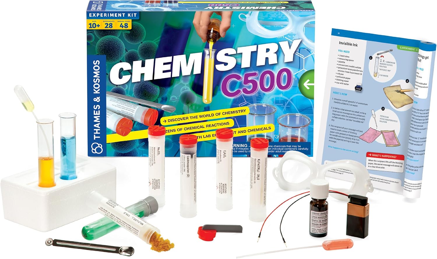 Thames & Kosmos Chemistry Chem C500 Science Kit with 28 Guided Experiments 48 Page Science Guide Parents’ Choice Silver Award Winner, 13.1" L x 2.6" W x 8.9" H - Image 2