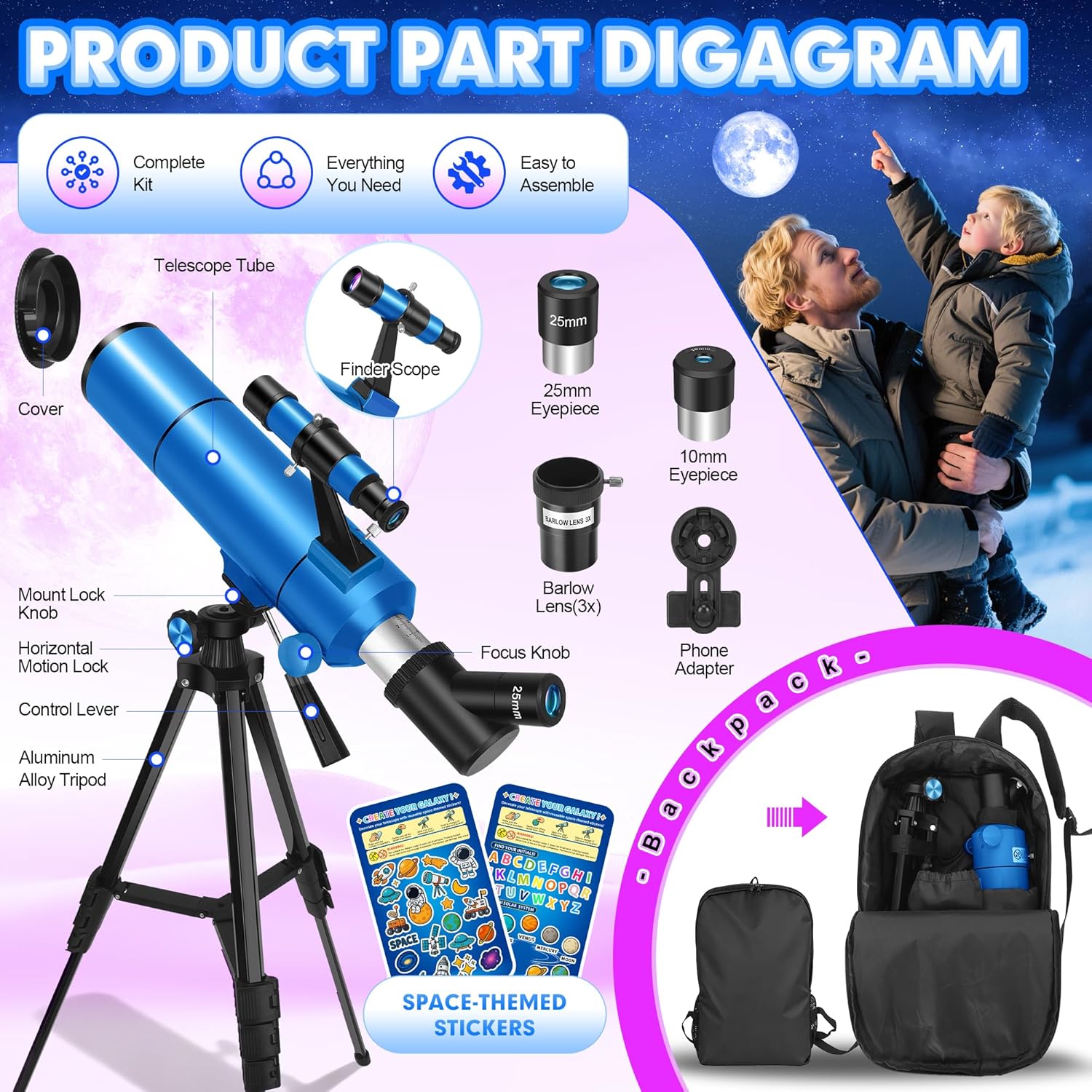 Telescope for Adults & Kids, 80mm Aperture 500mm (20X-150X) Professional Refractor Telescope for Astronomy Beginners, Portable Travel Telescopes with Tripod Phone Adapter, Stickers, Backpack - Image 6