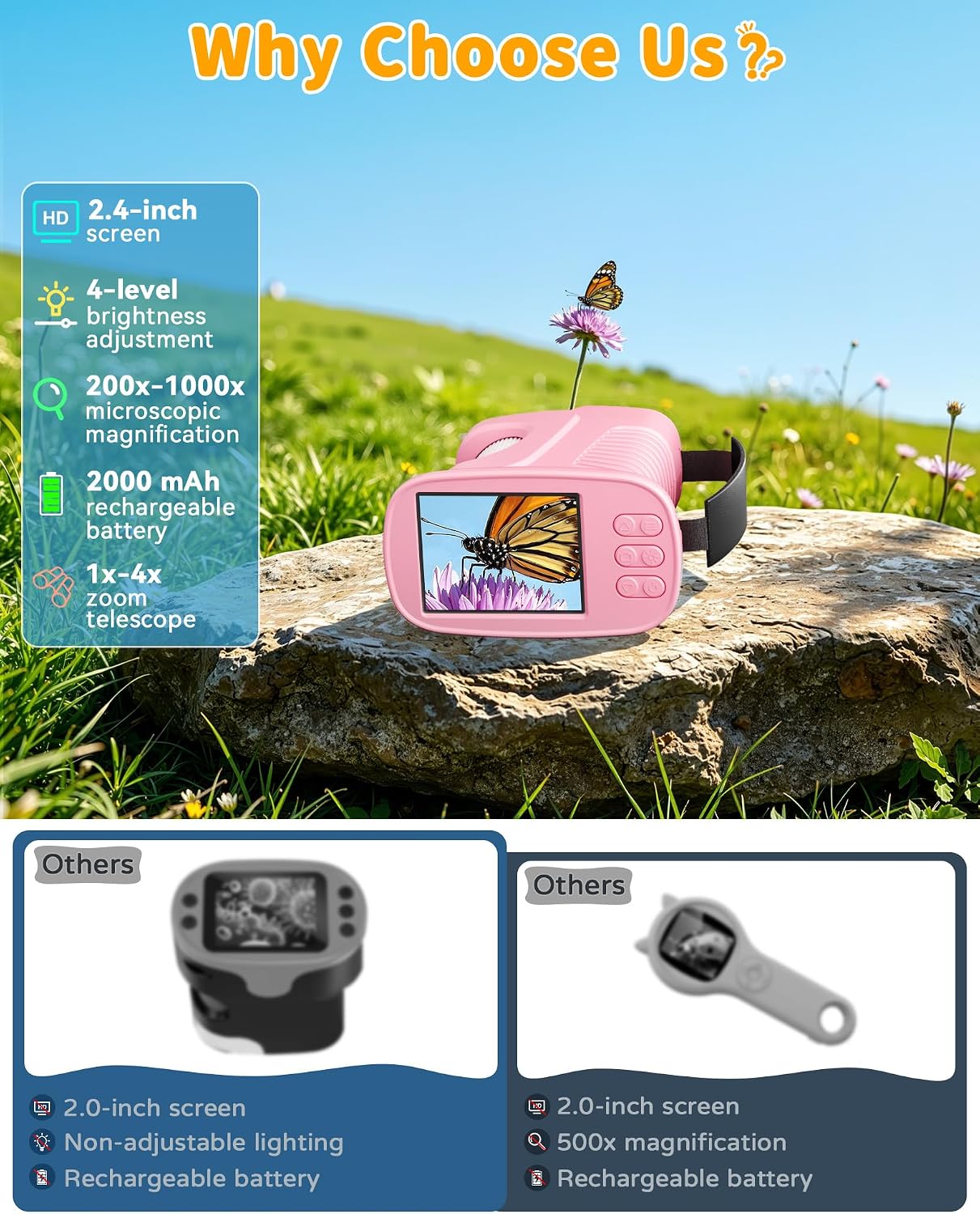 1000X Kids Handheld Microscope, 4K Digital Mini Pocket Digital Microscope with 2.4" IPS Screen, Built-in Camera & 12 Prepared Slides, STEM Educational Toy, Birthday Gift for Boys & Girls Ages 3–12 - Image 2