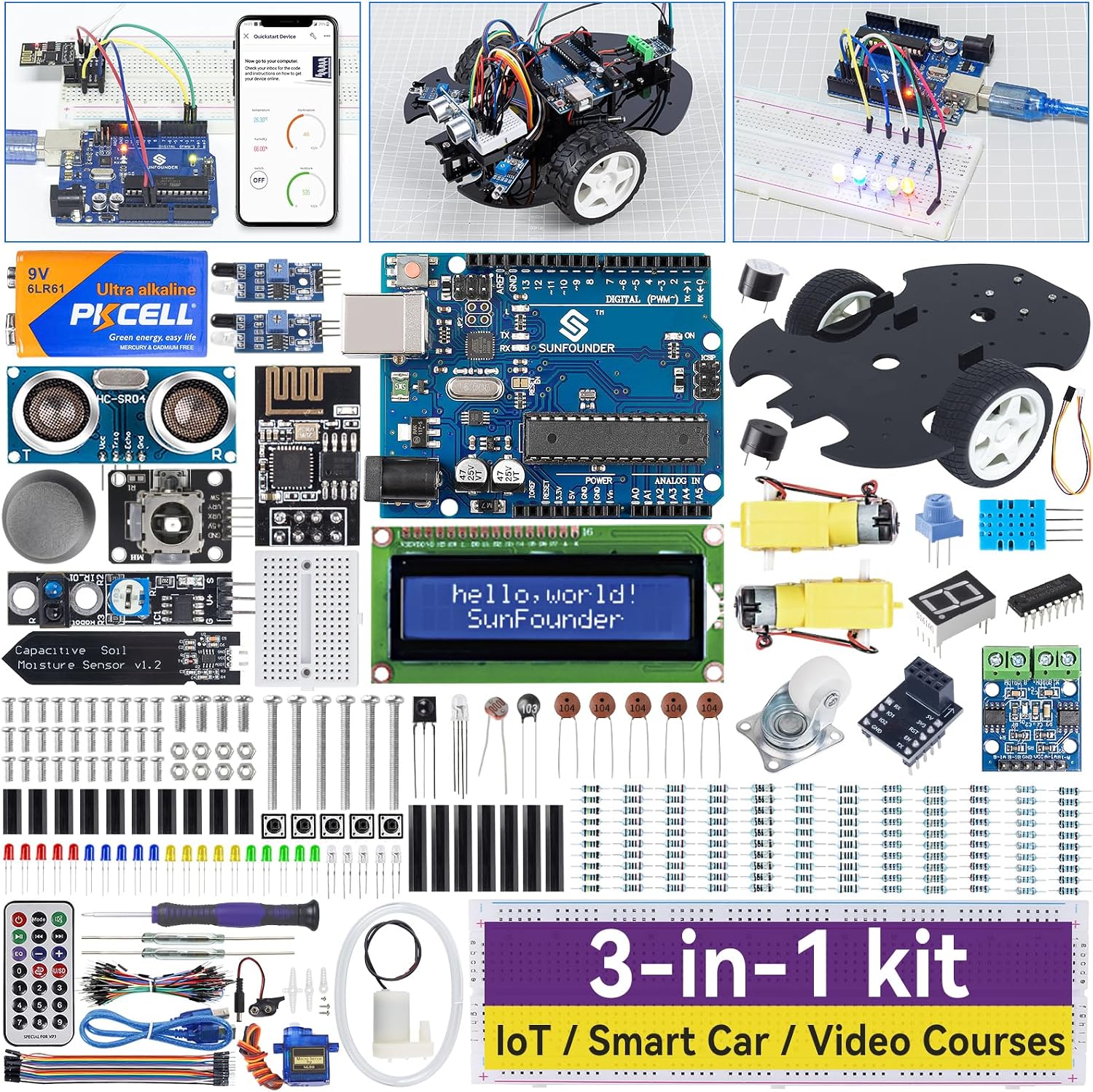 SunFounder Ultimate Starter Kit Compatible with Arduino UNO IDE Scratch, 3 in 1 IoT/Smart Car/Basic Kit with Online Tutorials, Video Courses, 192 Items, 87 Projects, Suitable for Age 8+ Beginners