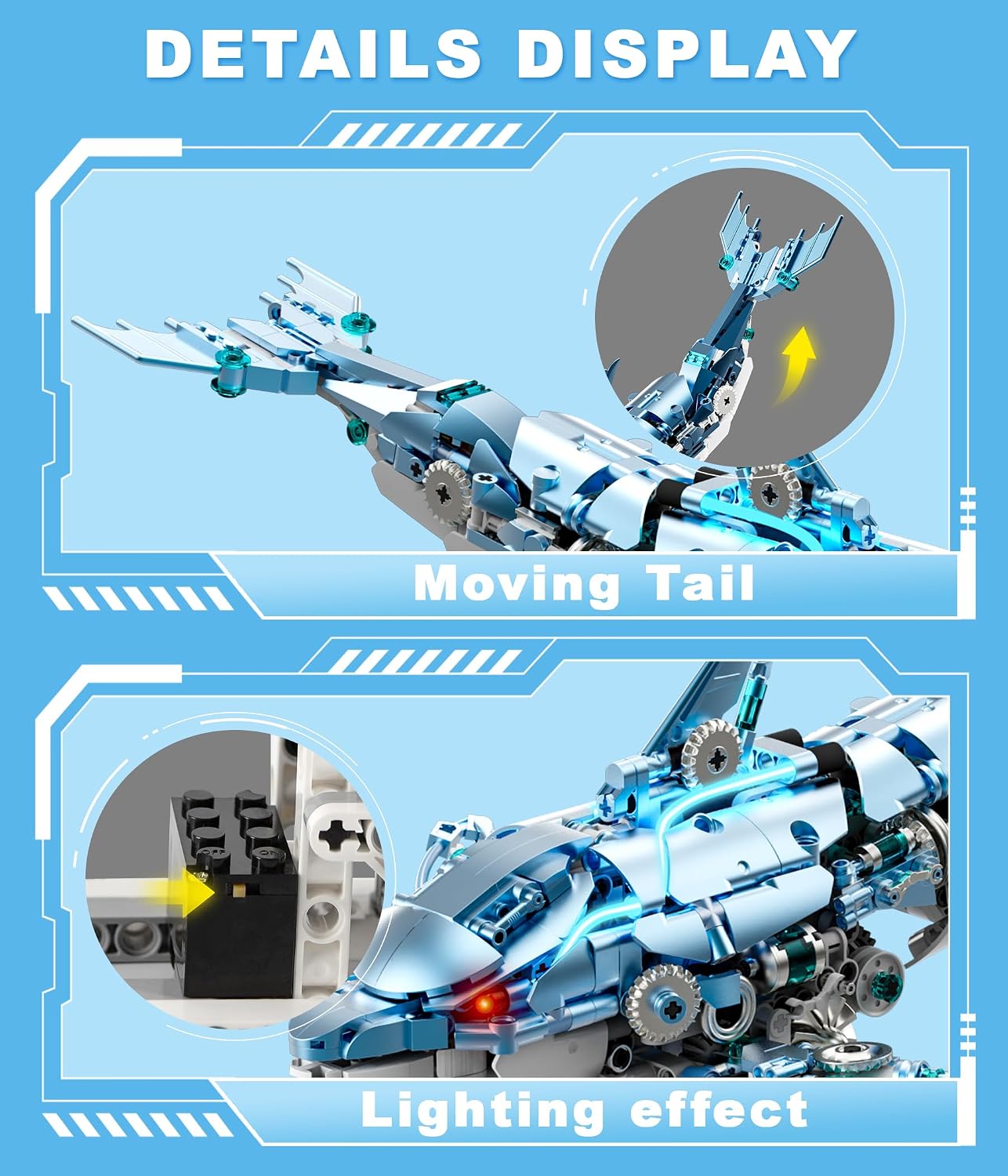 Moving Mechanical Dolphin Building Set - Hand Crank Model Kit with Swimming Tail, Movable Jaw & Glowing Lights | STEM Educational Toy & Unique Desk Decor - Image 6