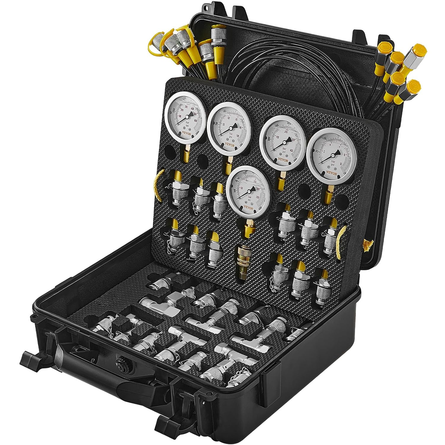 VEVOR Hydraulic Pressure Test Kit, 10/100/250/400/600bar, 5 Gauges 13 Test Couplings 14 Tee Connectors 5 Test Hoses, Hydraulic Gauge Kit with Sturdy Carrying Case, for Excavator Construction Machinery - Image 9