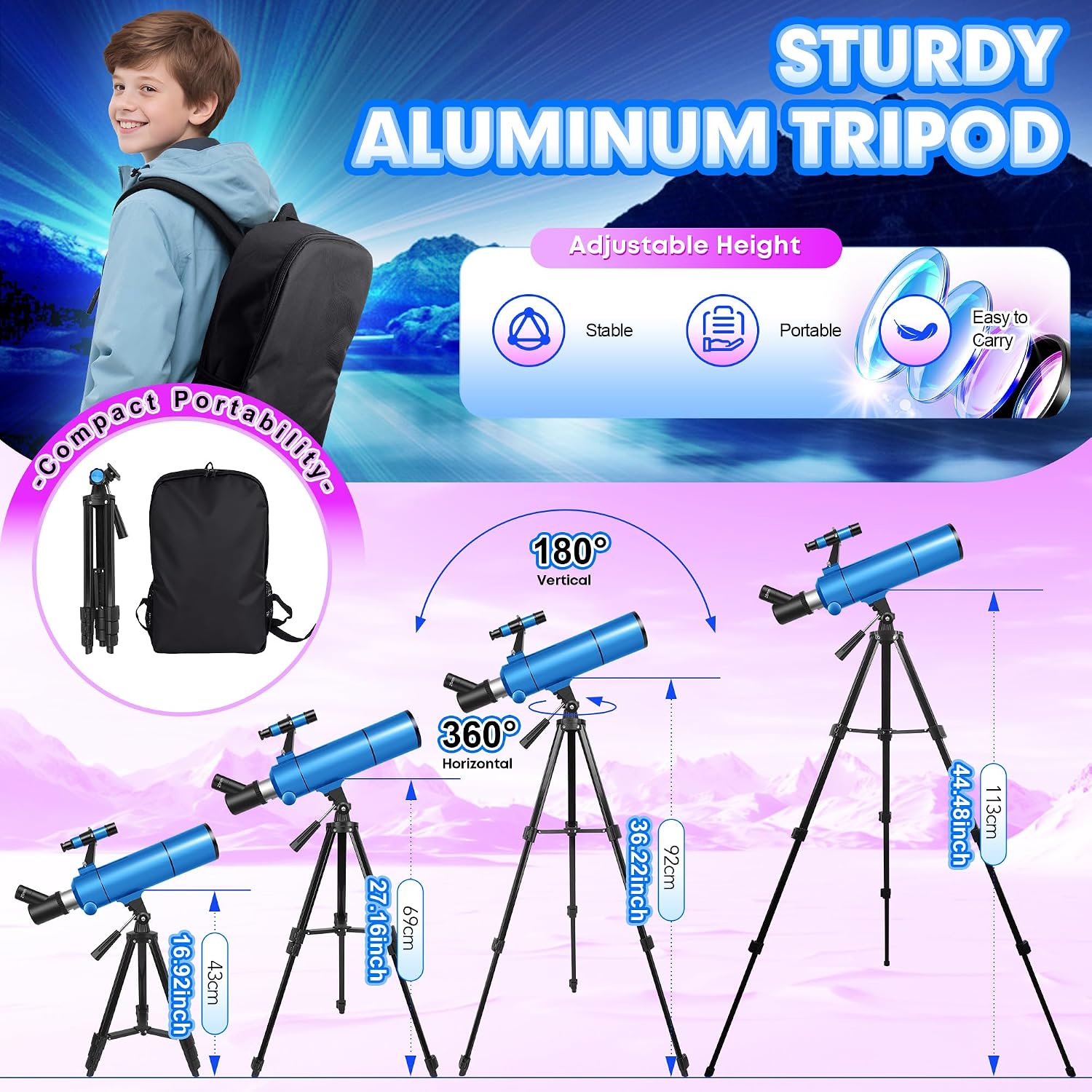 Telescope for Adults & Kids, 80mm Aperture 500mm (20X-150X) Professional Refractor Telescope for Astronomy Beginners, Portable Travel Telescopes with Tripod Phone Adapter, Stickers, Backpack - Image 5