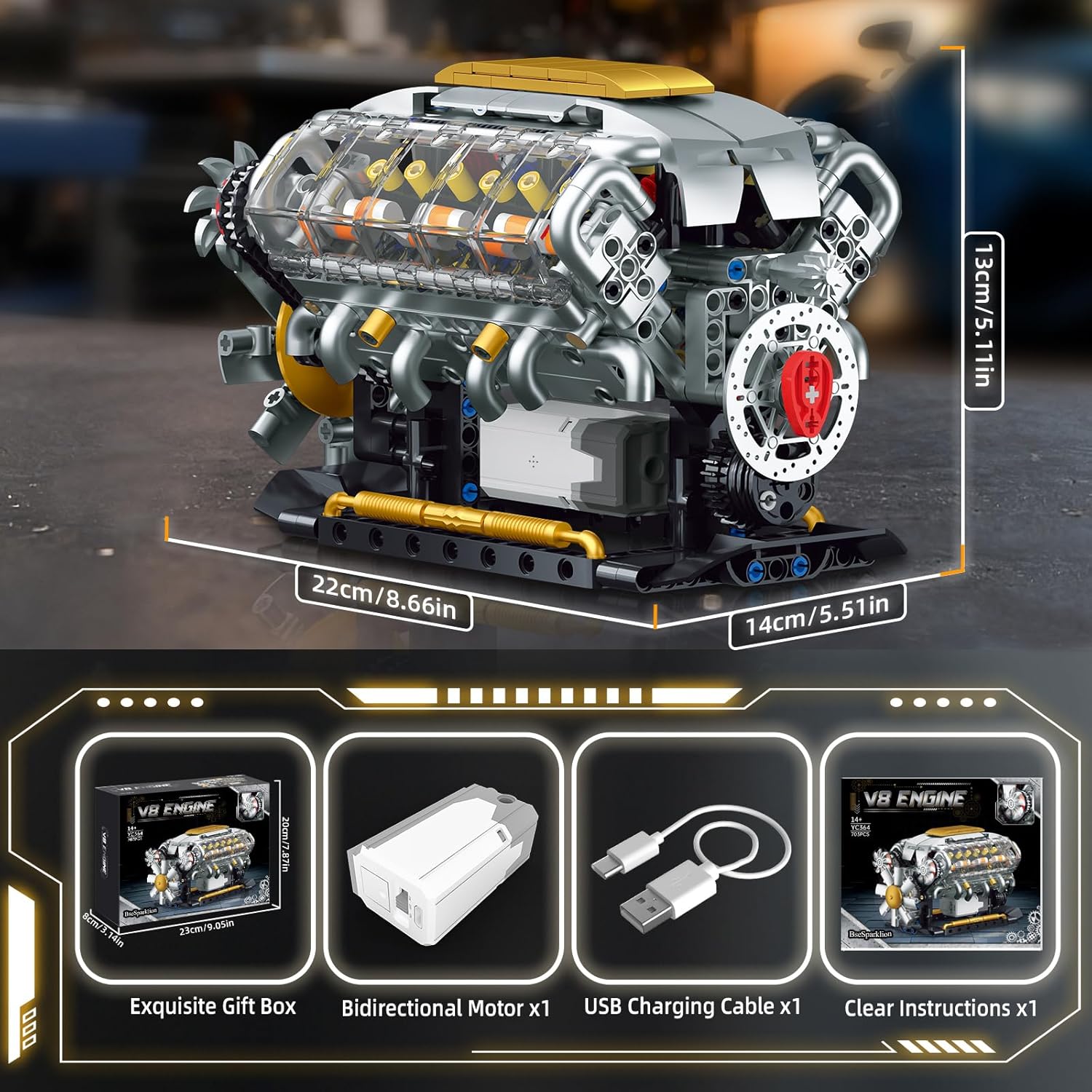 V8 Engine Model Kit that Runs, Build Your Own Mini Visible Car Motor, Physical Science Experiment Building Set for Adults & Teens, STEM Toy Gift for Boys 14+ (703 PCS) - Image 6