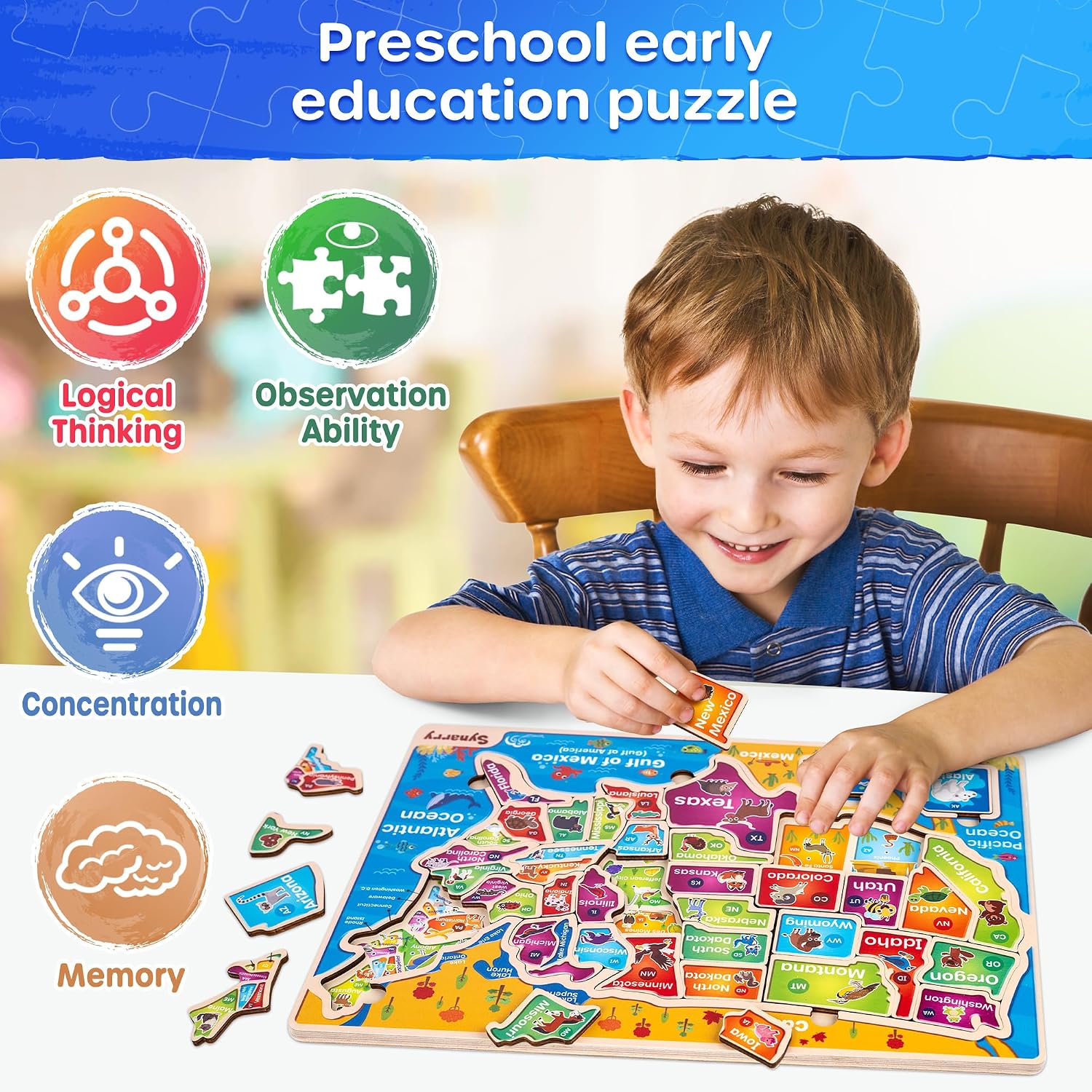 SYNARRY Large USA Wooden Puzzles for Kids Ages 3-5, Learning United States Map Puzles for Kids Ages 4-6, Wood Jigsaw Puzzles Educational Games Toys Gifts for Boys Girls Ages 3-8 - Image 5