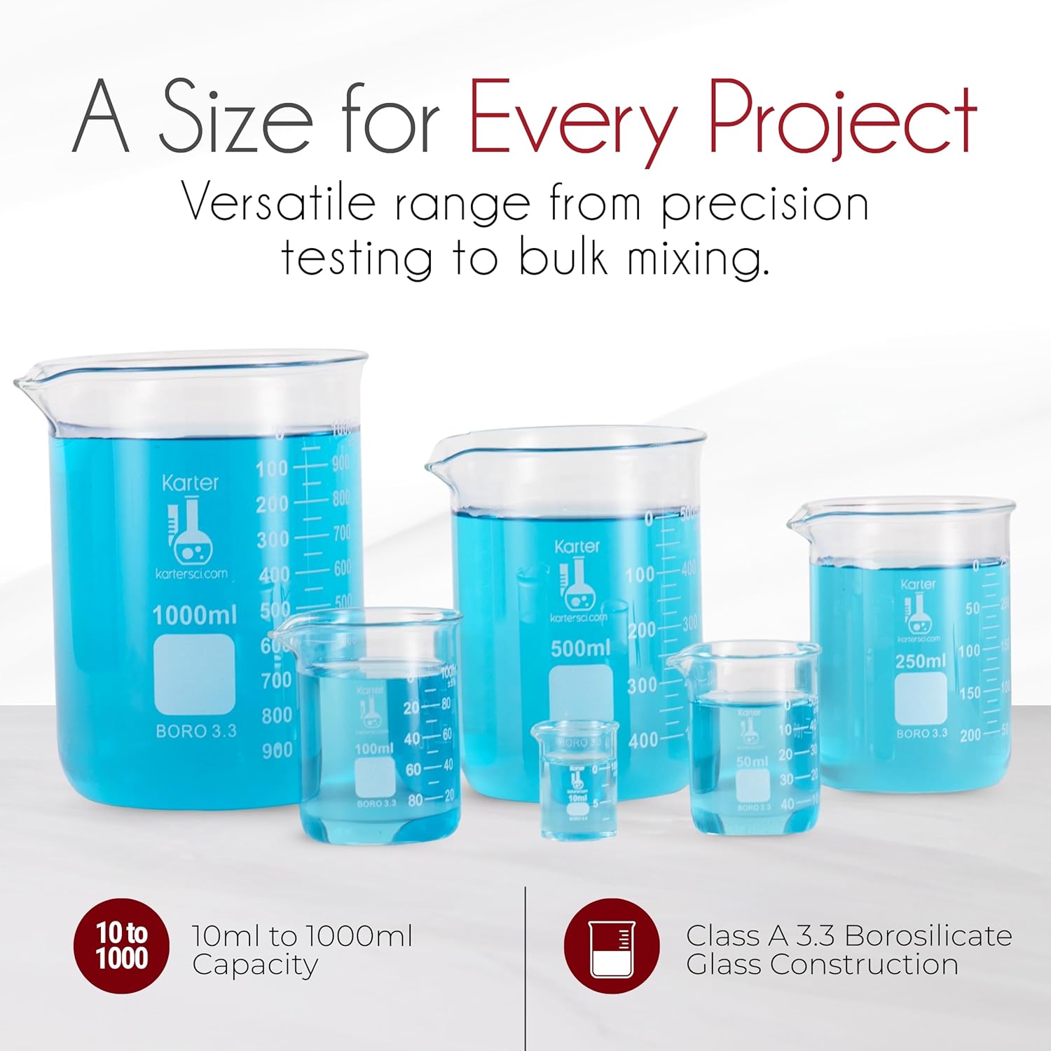 Karter Scientific, 3.3 Boro, Griffin Low Form, Glass Beaker Set - 6 Sizes - 10ml, 50ml, 100ml, 250ml, 500ml, 1000ml - Image 3