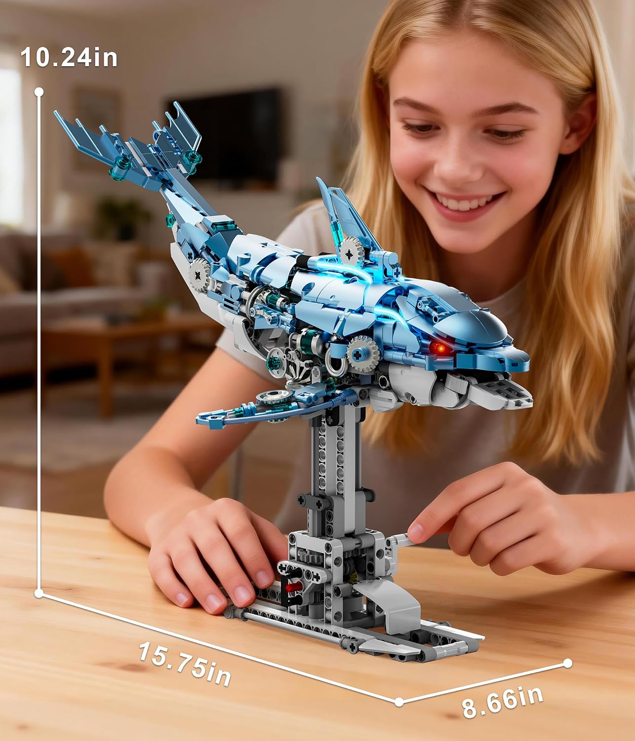 Moving Mechanical Dolphin Building Set - Hand Crank Model Kit with Swimming Tail, Movable Jaw & Glowing Lights | STEM Educational Toy & Unique Desk Decor - Image 7