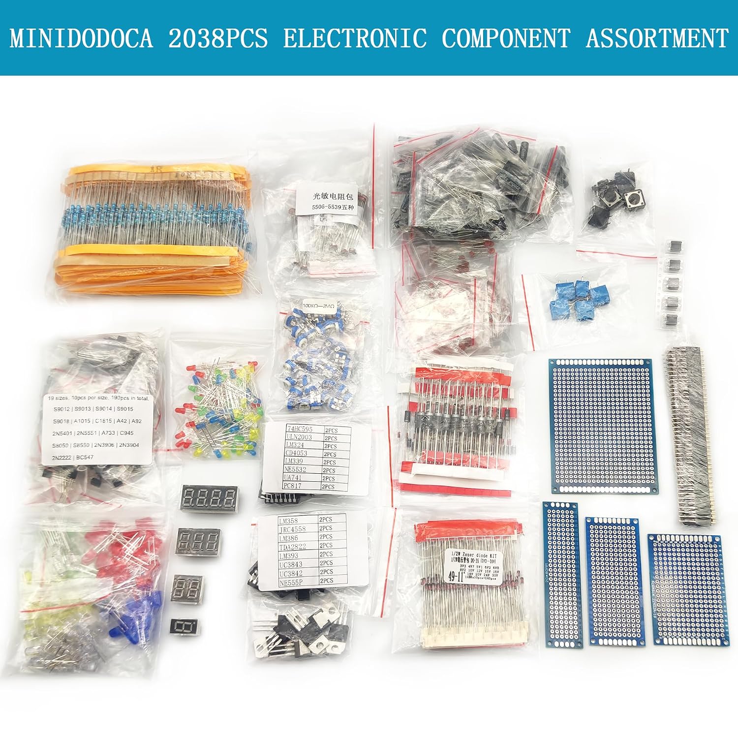 Electronic Component Kit & Total 2038 Pcs, LED Diodes, Metal Film Resistors, Electrolytic Capacitor Package,Diodes, Ceramic Capacitors,IC,PCB,Digital Tube, Common Transistor Assortment Box - Image 5
