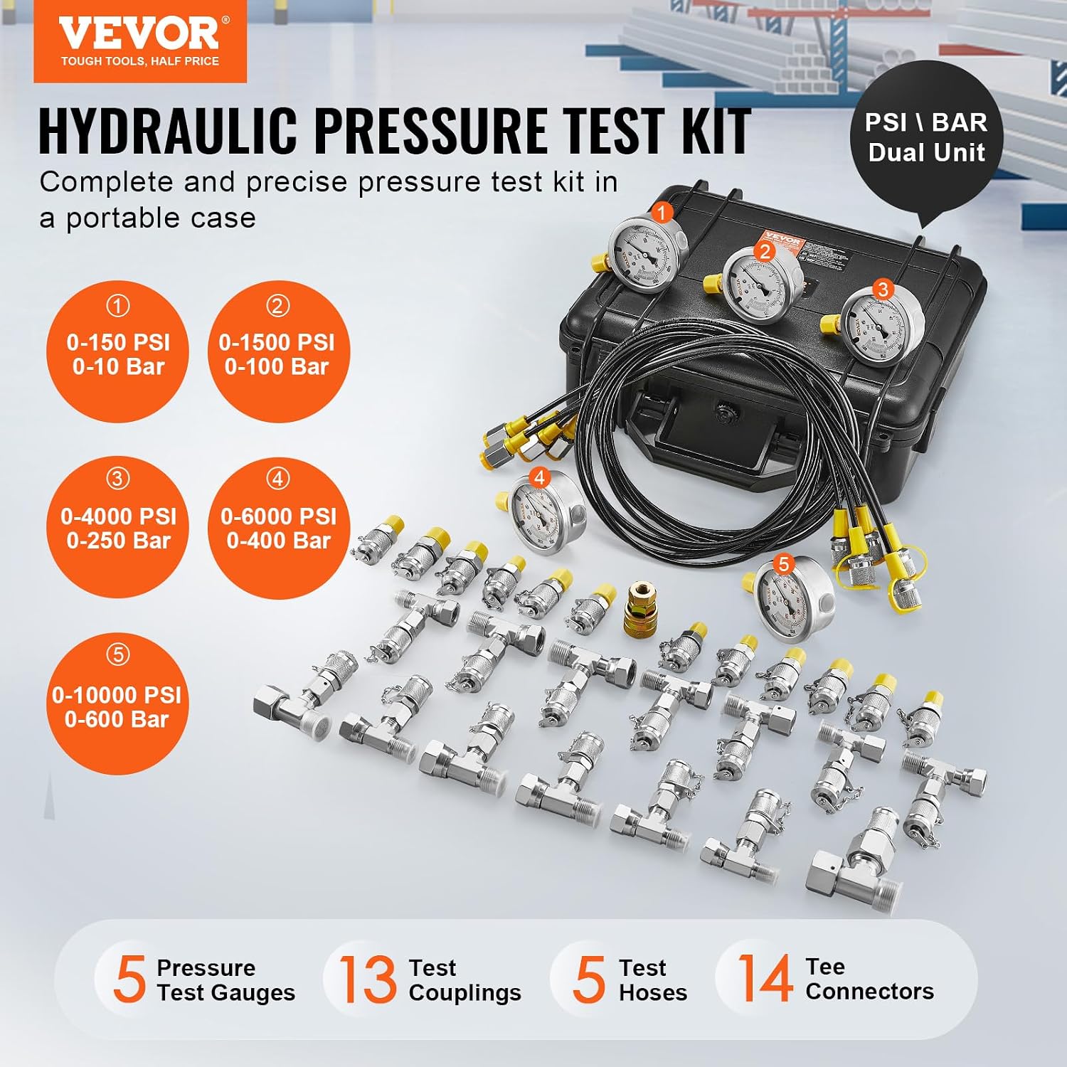 VEVOR Hydraulic Pressure Test Kit, 10/100/250/400/600bar, 5 Gauges 13 Test Couplings 14 Tee Connectors 5 Test Hoses, Hydraulic Gauge Kit with Sturdy Carrying Case, for Excavator Construction Machinery - Image 2